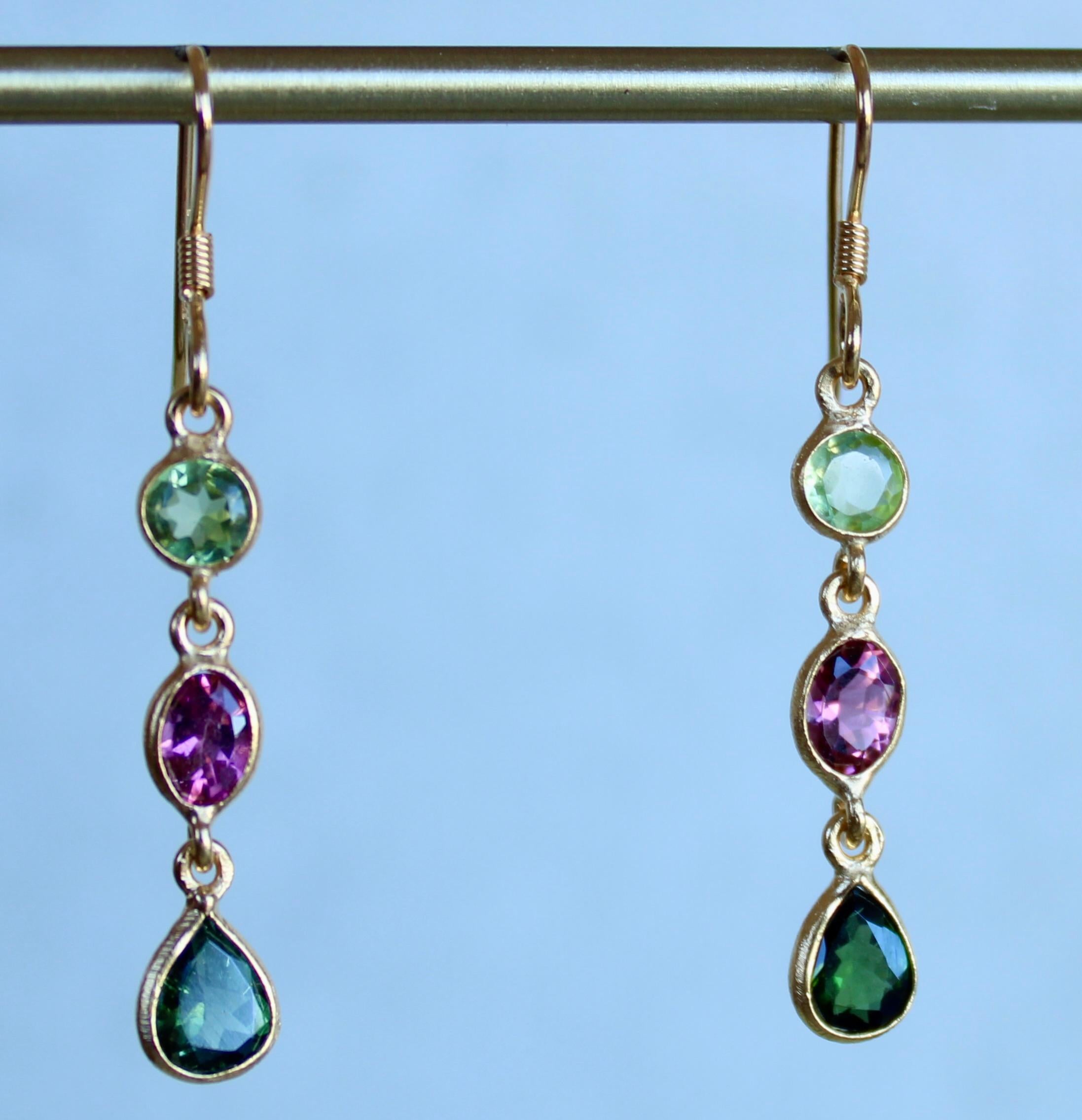 Tourmaline & Peridot 14K Gold Three Stone Dangle Earrings  In New Condition For Sale In Amagansett, NY