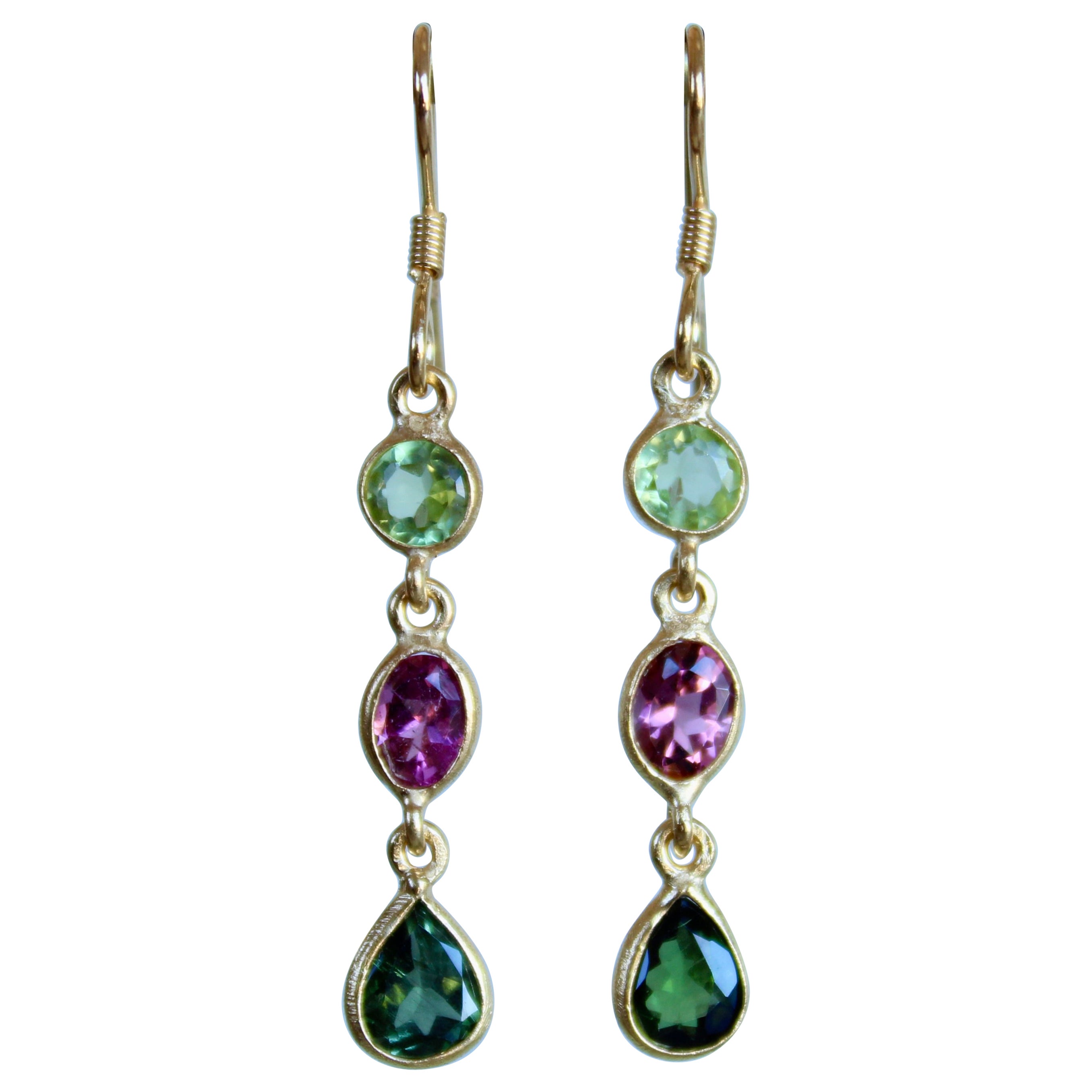Turmalin & Peridot 14K Gold Ohrhänger mit drei Steinen