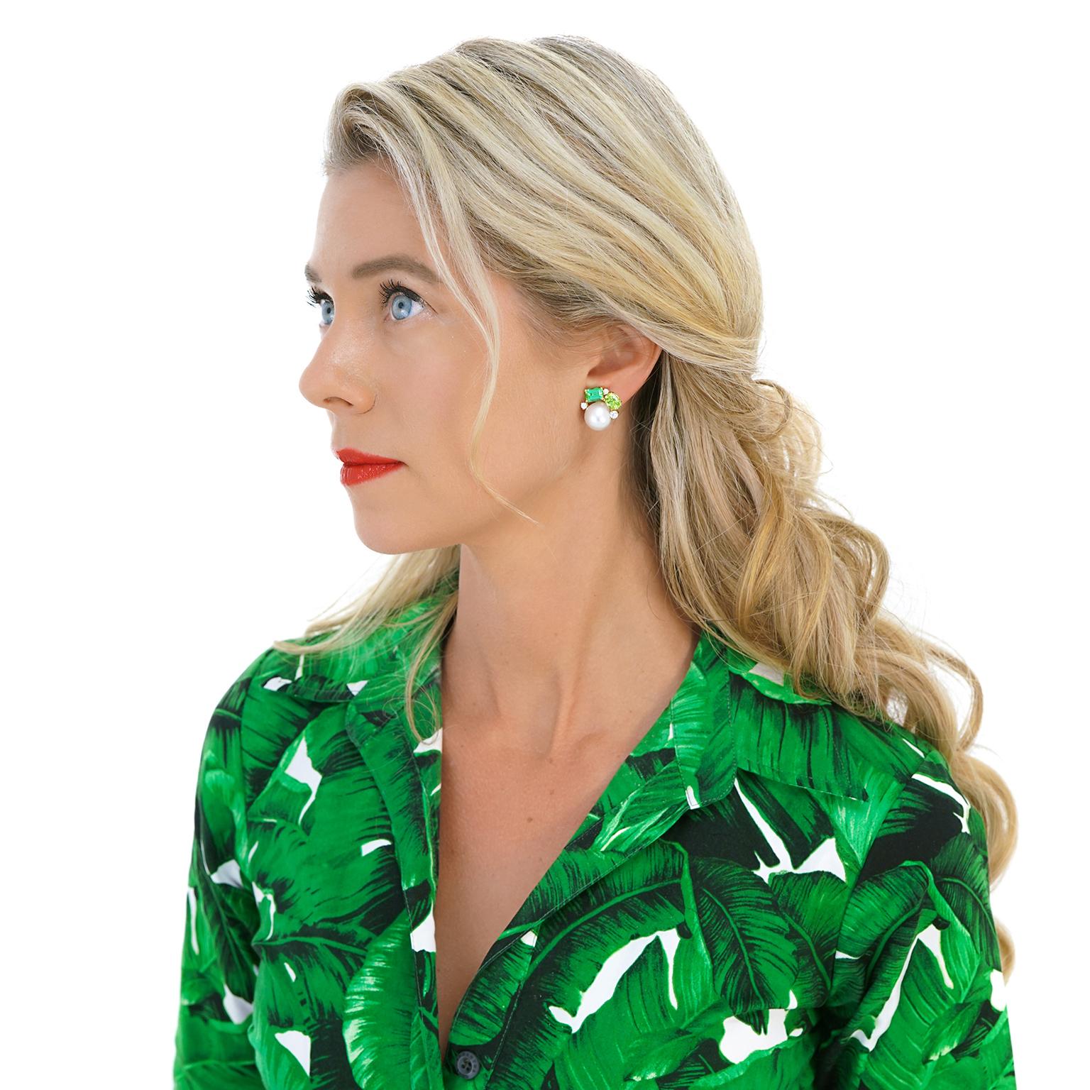 Circa 1980s, 18k, American. These colorful earrings are simply gorgeous! The design is contemporary and the look classic. Set with tourmaline, peridot, diamonds, and pearls, they are glamorously chic, delightfully colorful, and visually fresh.