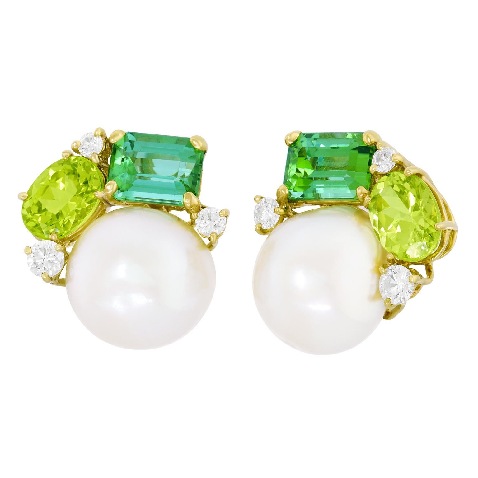 Emerald Cut Tourmaline, Peridot, Diamond, and Pearl Earrings