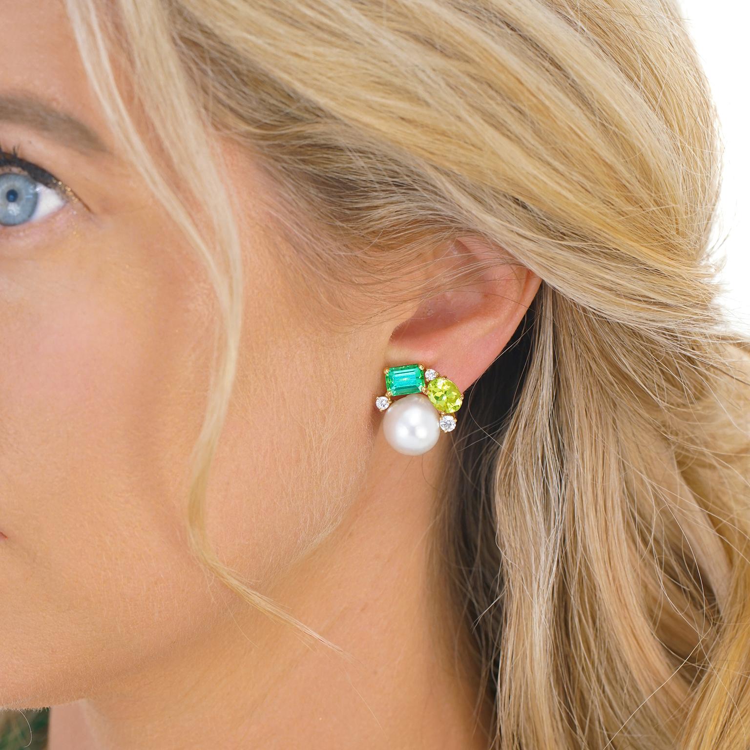 Tourmaline, Peridot, Diamond, and Pearl Earrings In Excellent Condition In Litchfield, CT