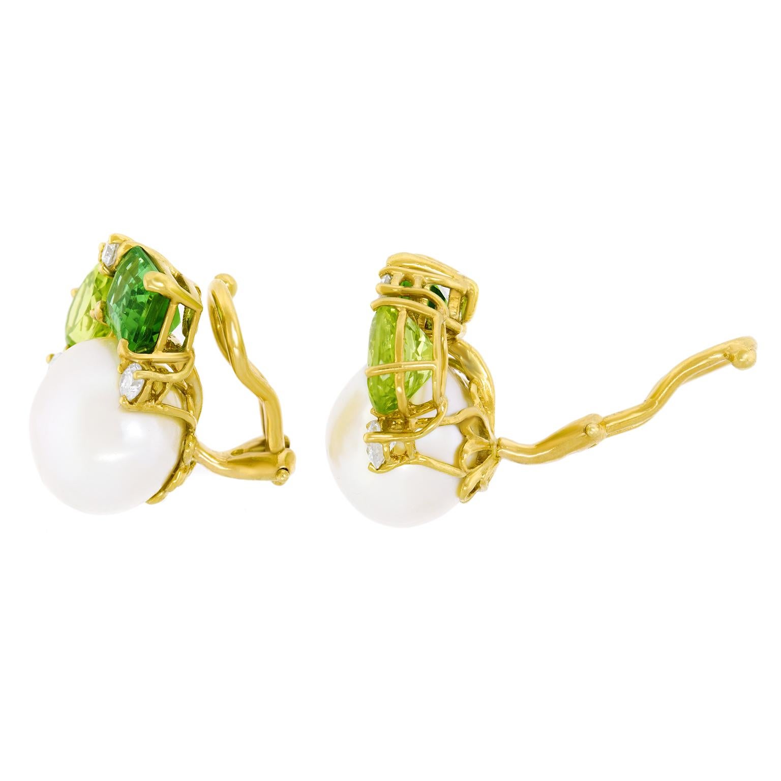 Tourmaline, Peridot, Diamond, and Pearl Earrings 2
