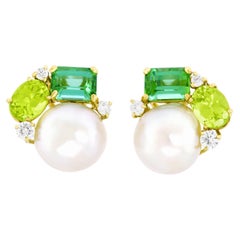 Tourmaline, Peridot, Diamond, and Pearl Earrings