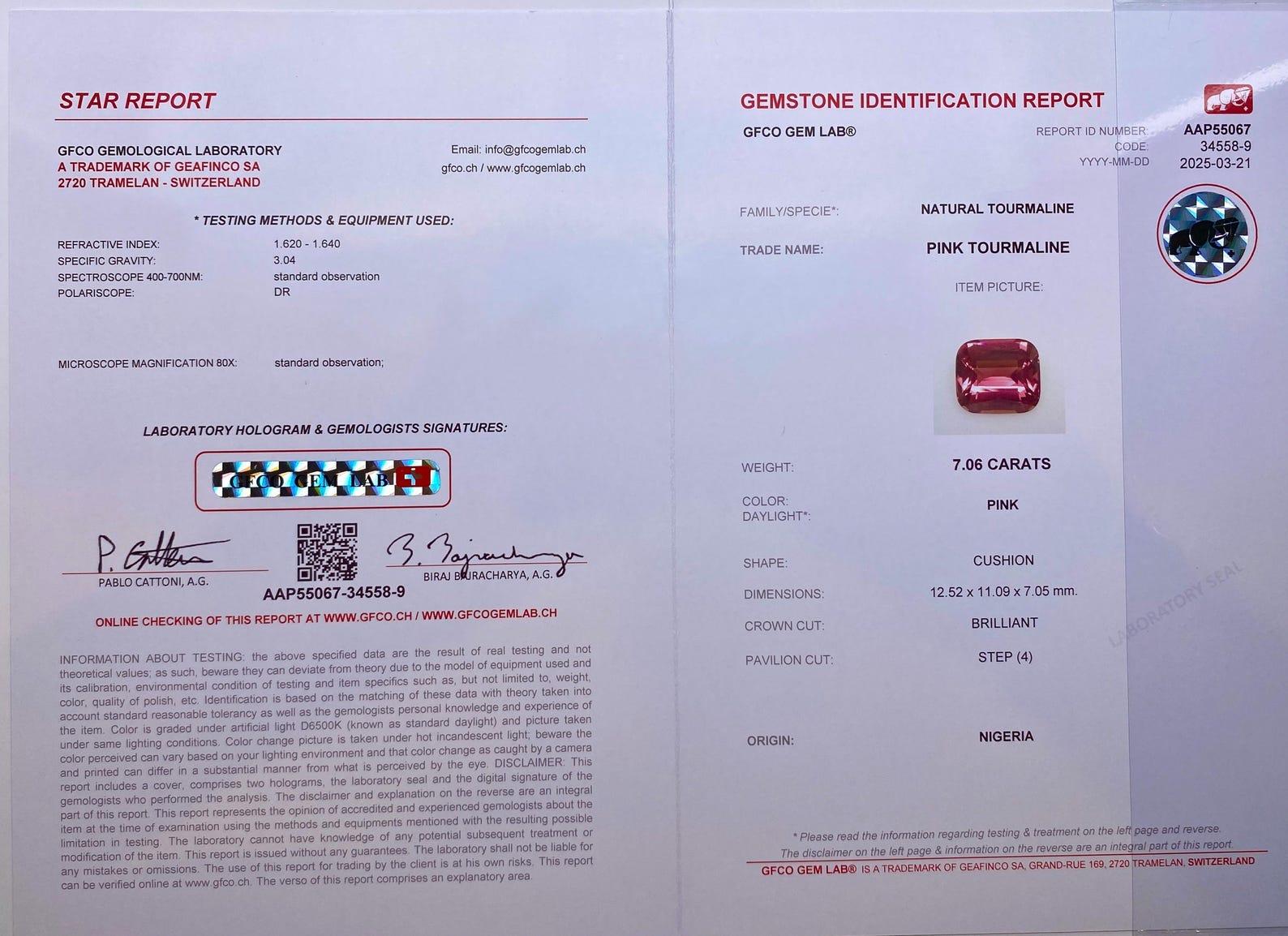 Turmalina rosa 7,06Ct gema natural, talla cojín, Nigeria, certificado GFCO Corte cojín en venta