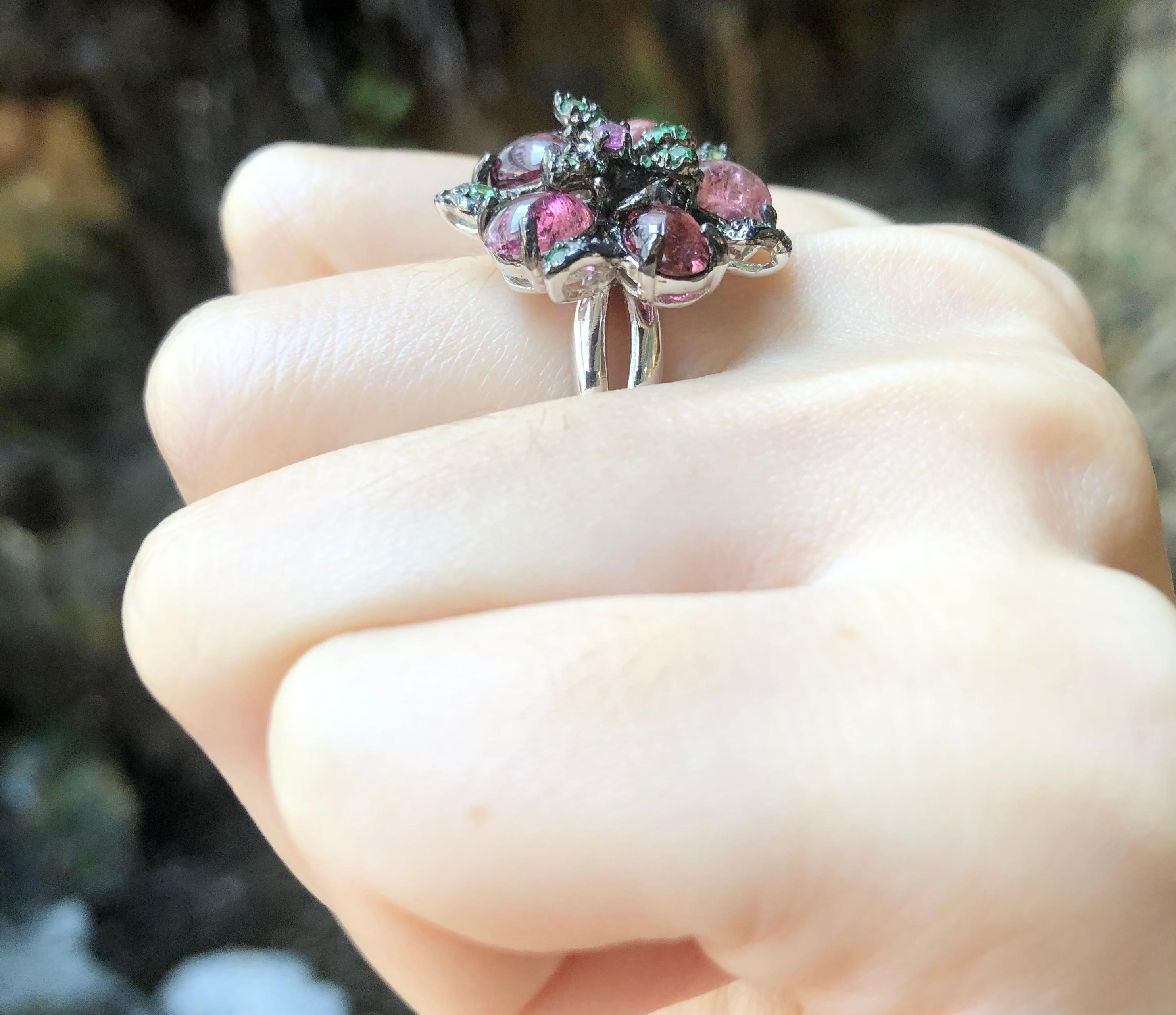 Tourmaline, Pink Sapphire and Tsavorite Ring set in Silver Settings For Sale 5