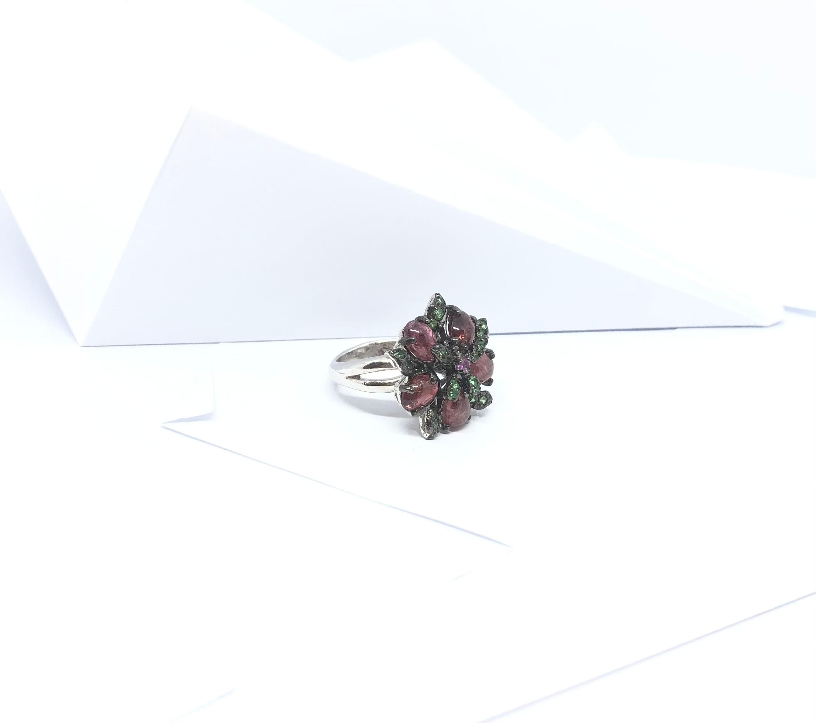 Tourmaline, Pink Sapphire and Tsavorite Ring set in Silver Settings For Sale 10