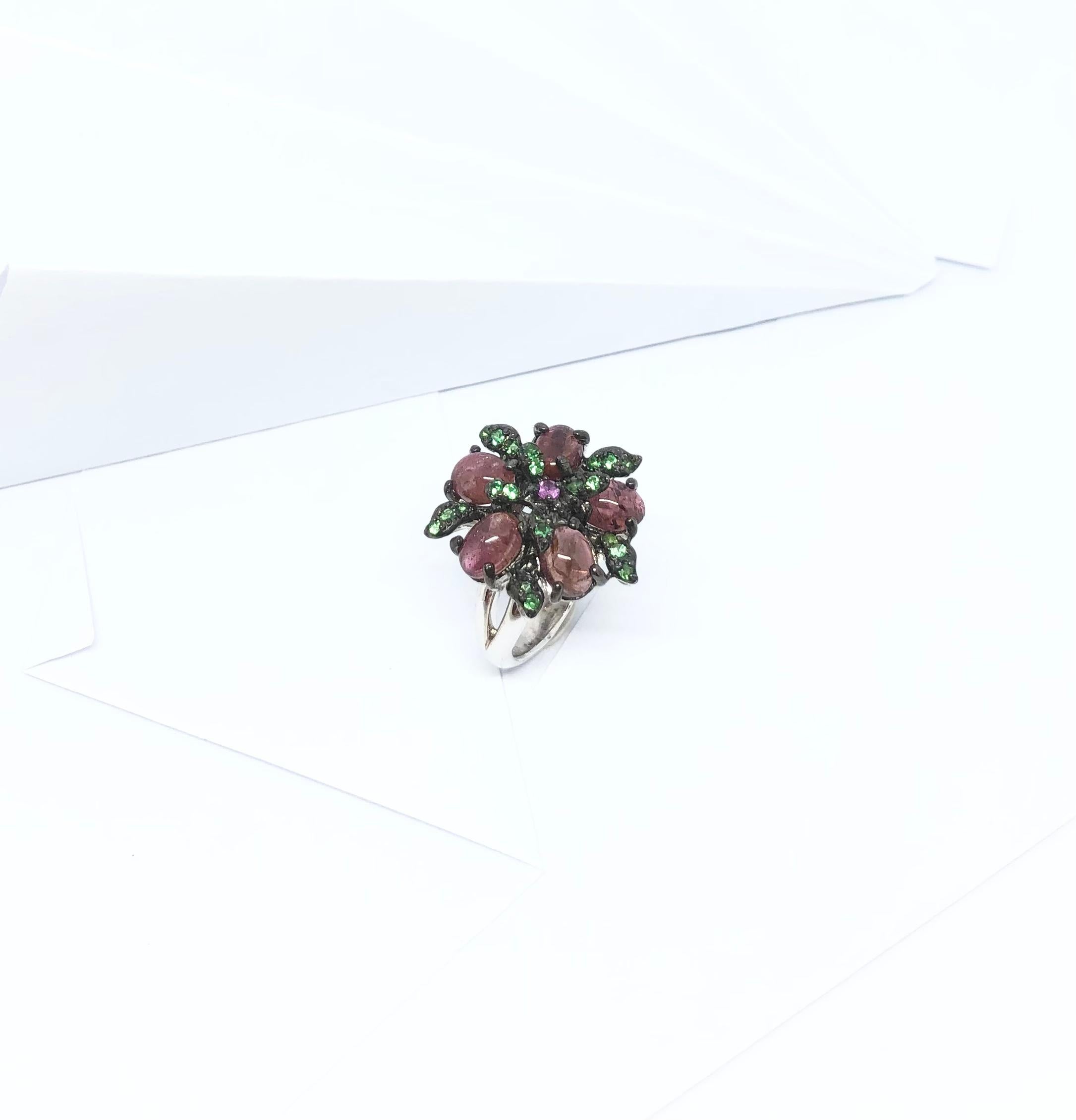 Tourmaline, Pink Sapphire and Tsavorite Ring set in Silver Settings For Sale 2