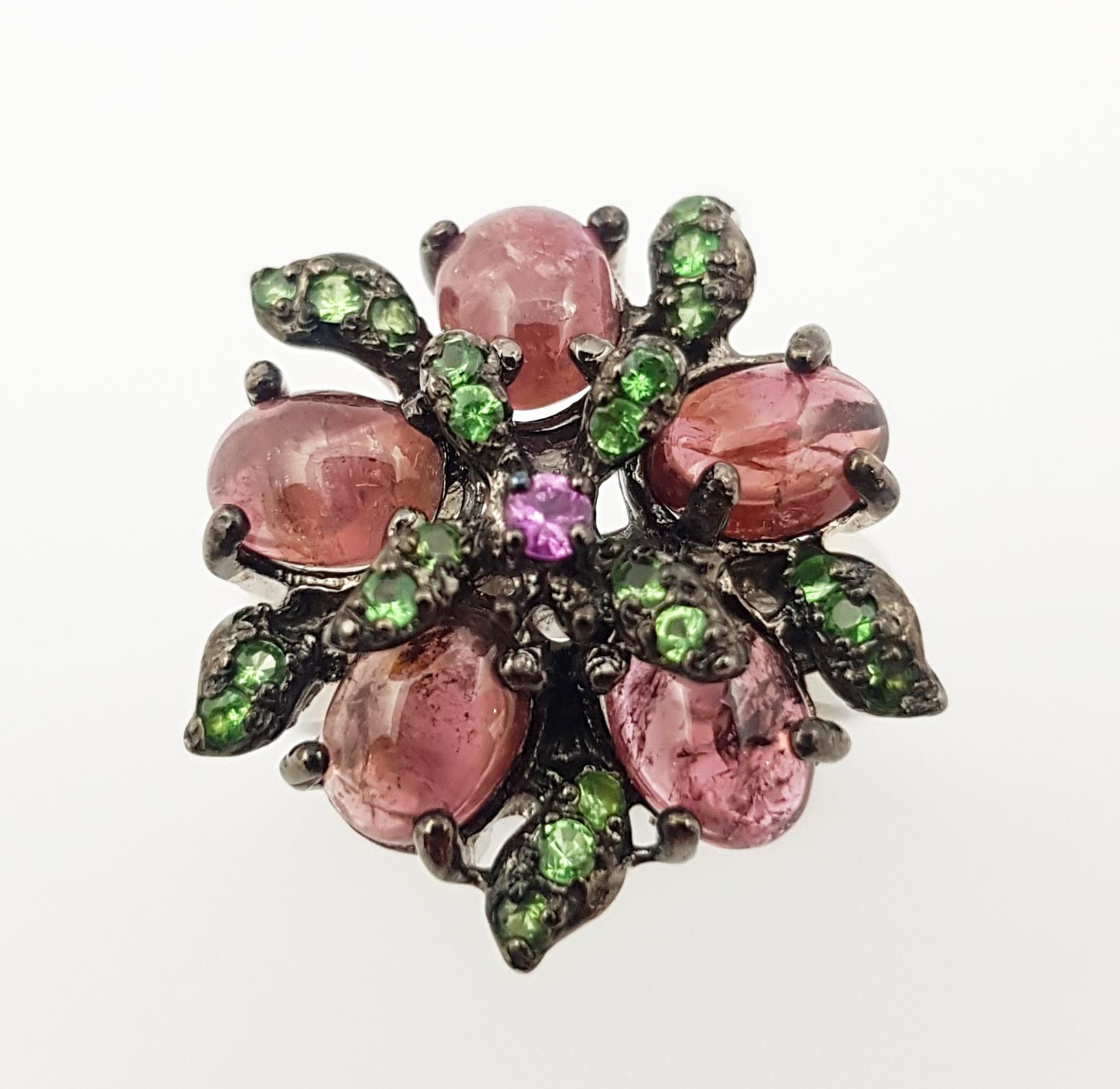 Tourmaline, Pink Sapphire and Tsavorite Ring set in Silver Settings For Sale 3