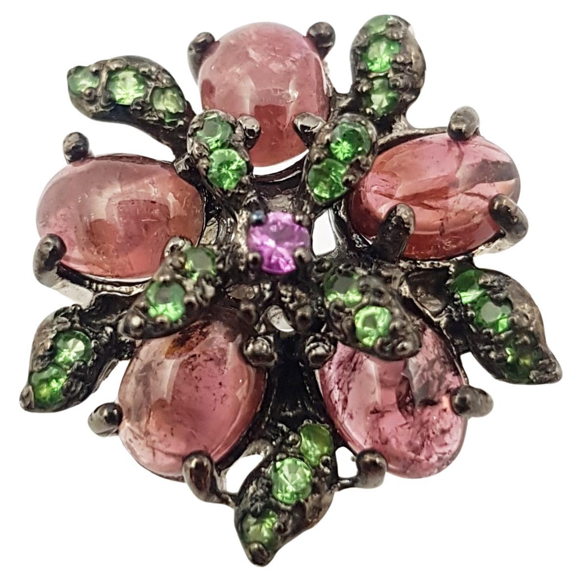 Tourmaline, Pink Sapphire and Tsavorite Ring set in Silver Settings For Sale