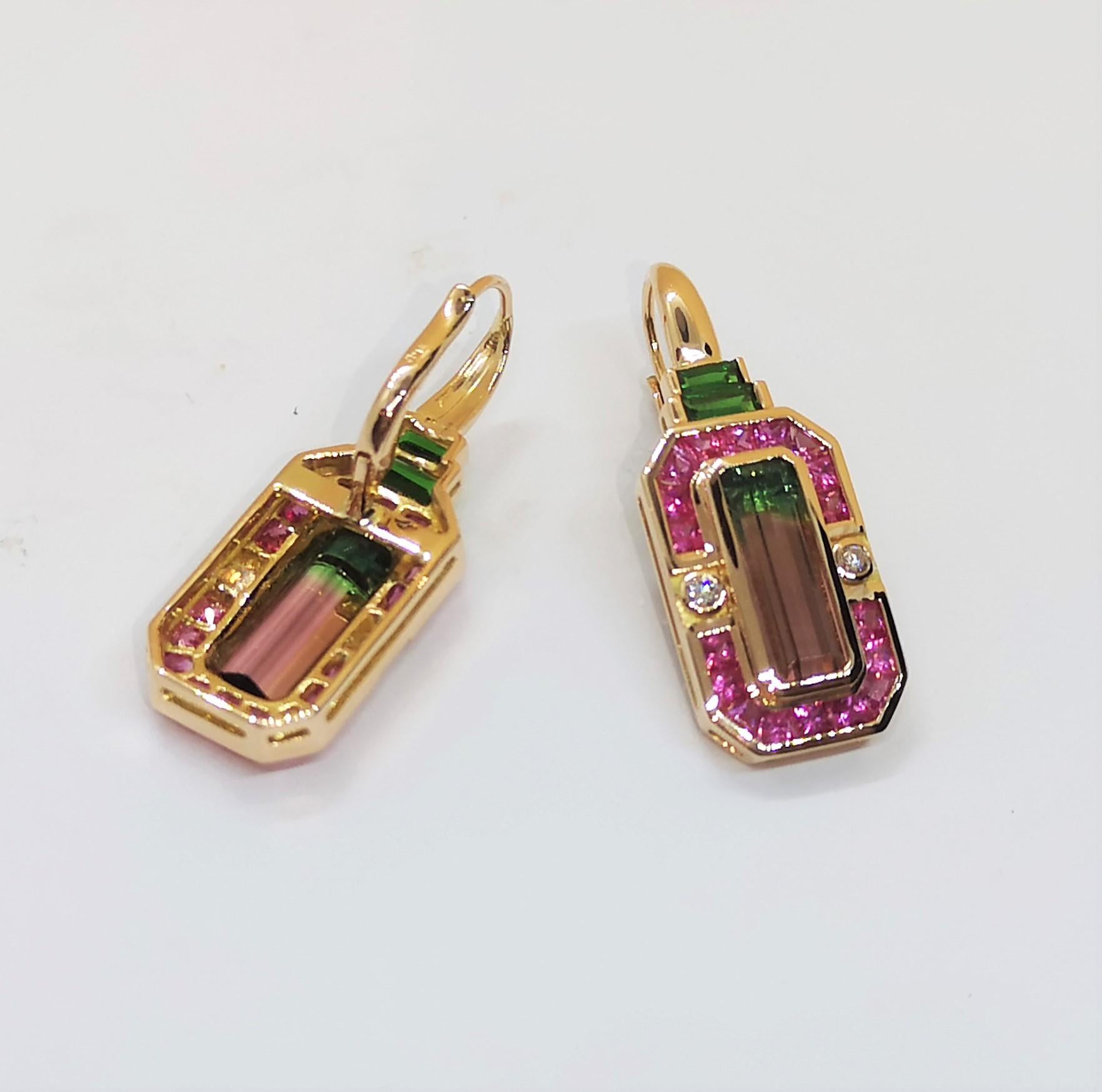 Bi-Colour Tourmaline 5.75 carats, Pink Sapphire 3.48 carats with Tsavorite 0.62 carats and Diamond 0.17 carats Earrings set in 18 Karat Rose Gold Settings 

Width: 1.3 cm
Length: 3.5 cm 

