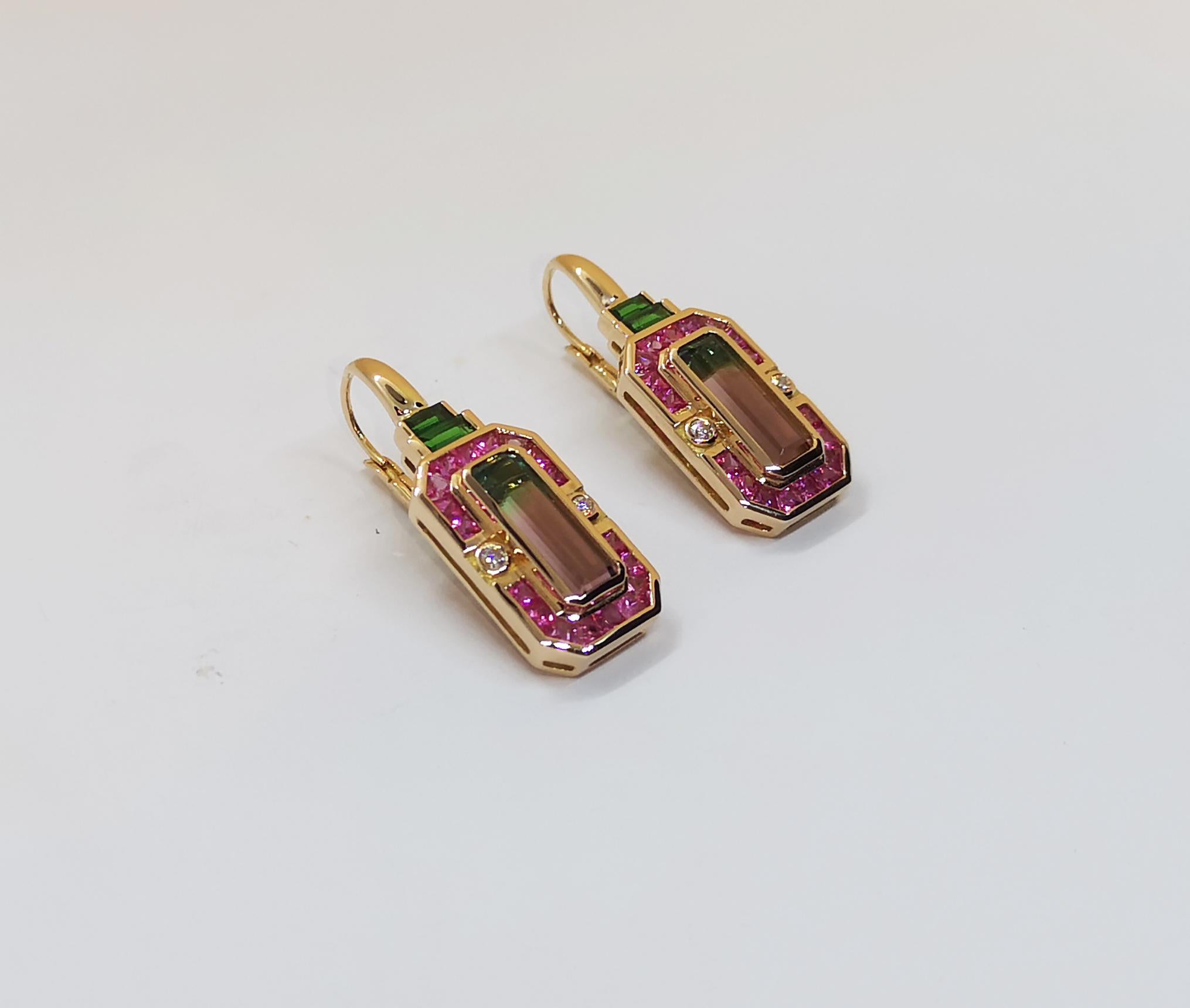 Emerald Cut Tourmaline, Pink Sapphire with Tsavorite and Diamond Earrings in 18 Karat For Sale
