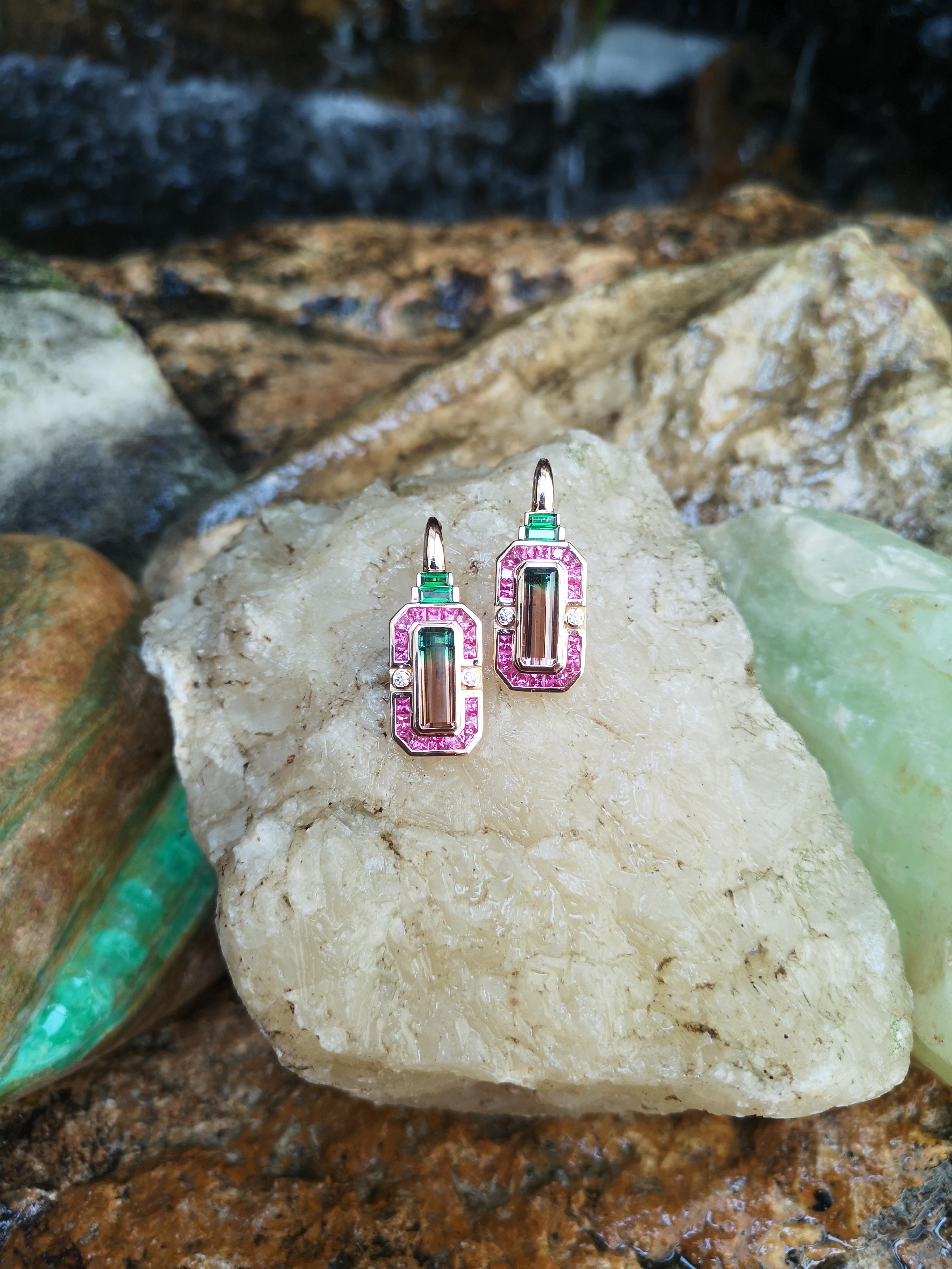 Tourmaline, Pink Sapphire with Tsavorite and Diamond Earrings in 18 Karat In New Condition For Sale In Bangkok, TH