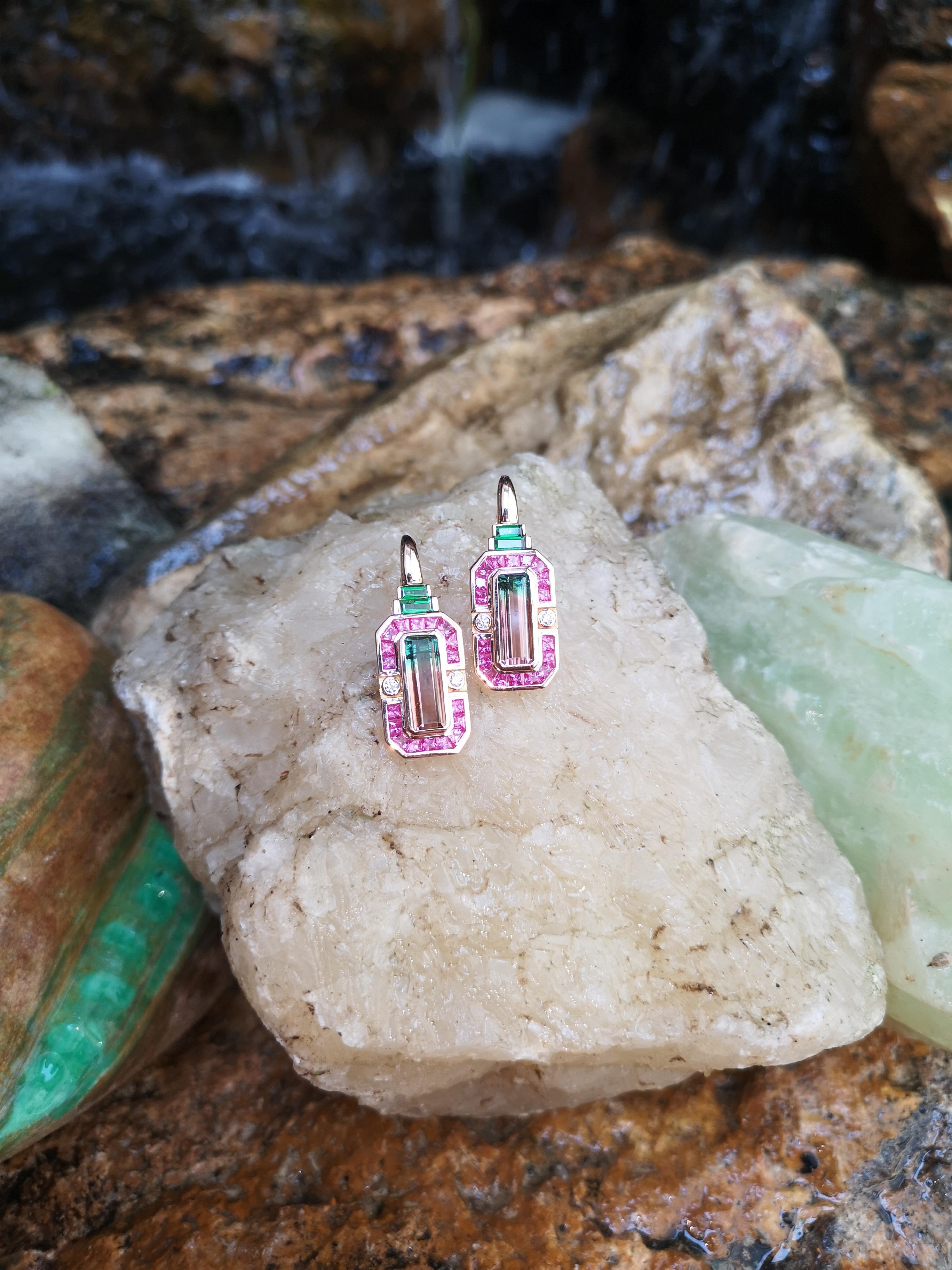 Tourmaline, Pink Sapphire with Tsavorite and Diamond Earrings in 18 Karat For Sale 1