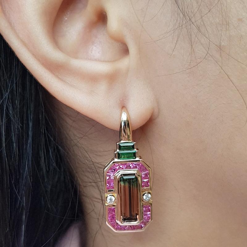 Tourmaline, Pink Sapphire with Tsavorite and Diamond Earrings in 18 Karat For Sale 2