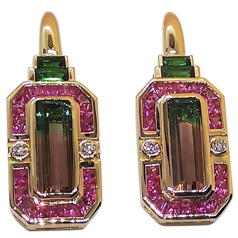 Tourmaline, Pink Sapphire with Tsavorite and Diamond Earrings in 18 Karat