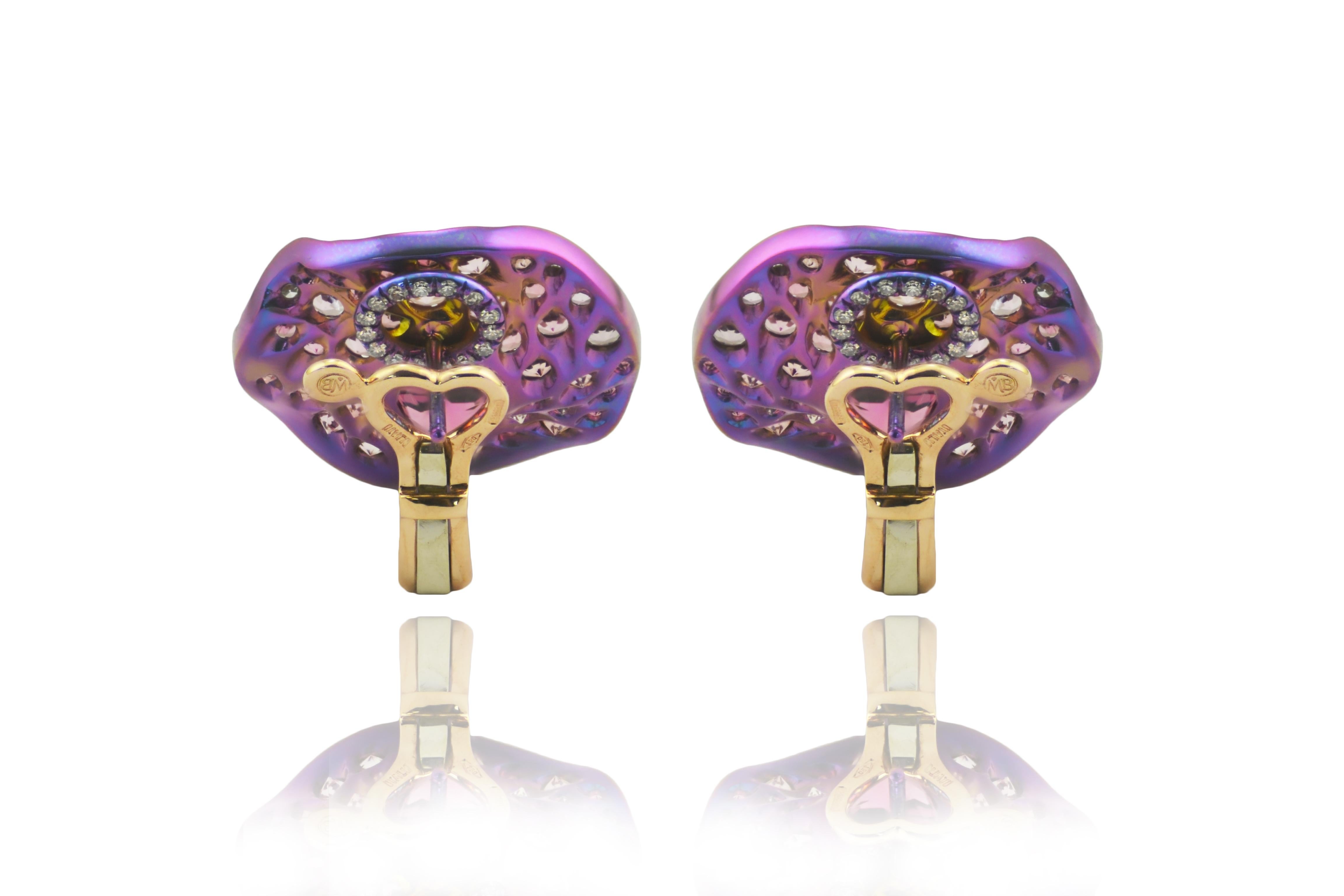 Contemporary Tourmaline Pink Sapphires Diamond 18KT Rose Gold Titanium Made in Italy Earrings