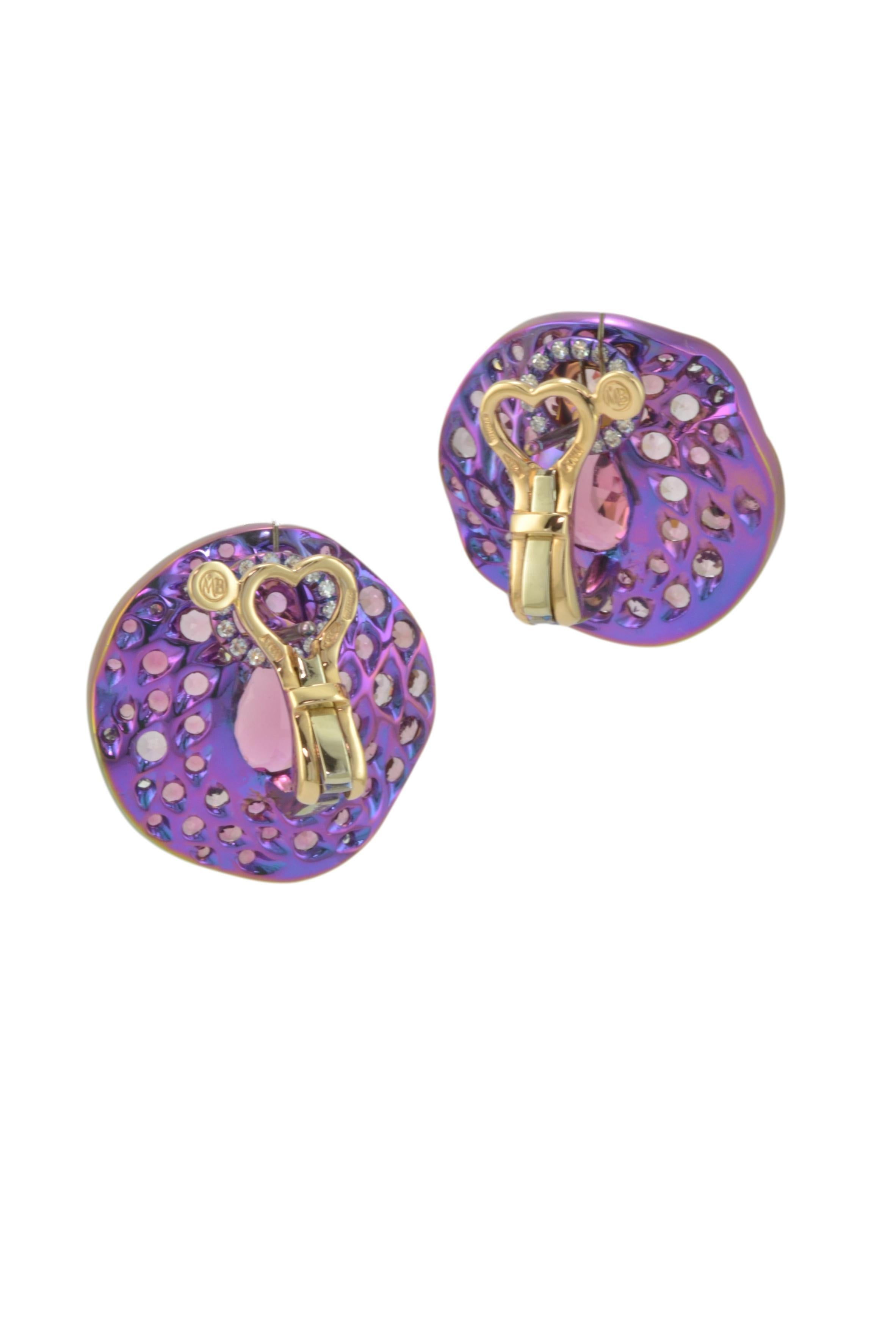 Round Cut Tourmaline Pink Sapphires Diamond 18KT Rose Gold Titanium Made in Italy Earrings