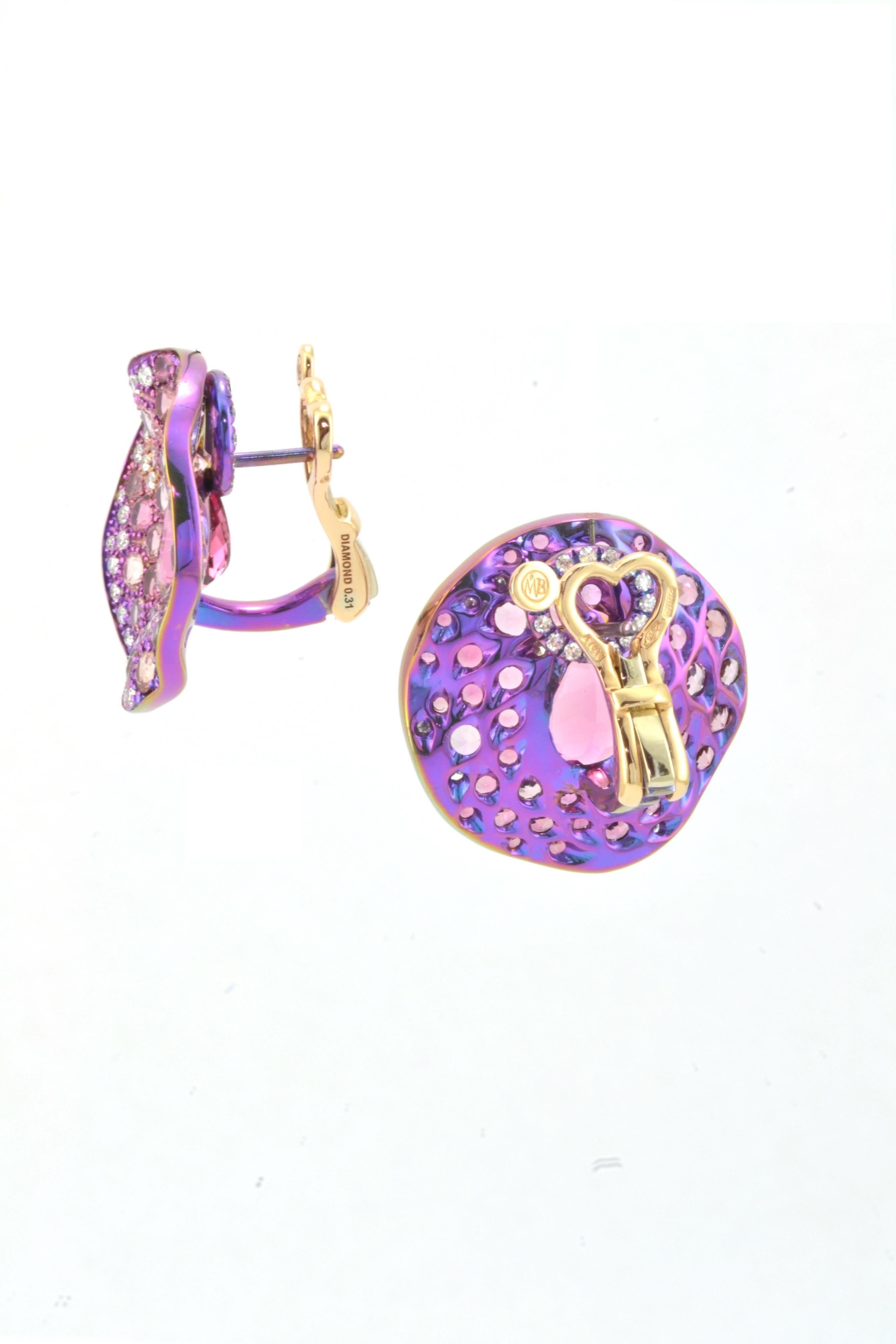 Tourmaline Pink Sapphires Diamond 18KT Rose Gold Titanium Made in Italy Earrings In New Condition In Valenza , IT