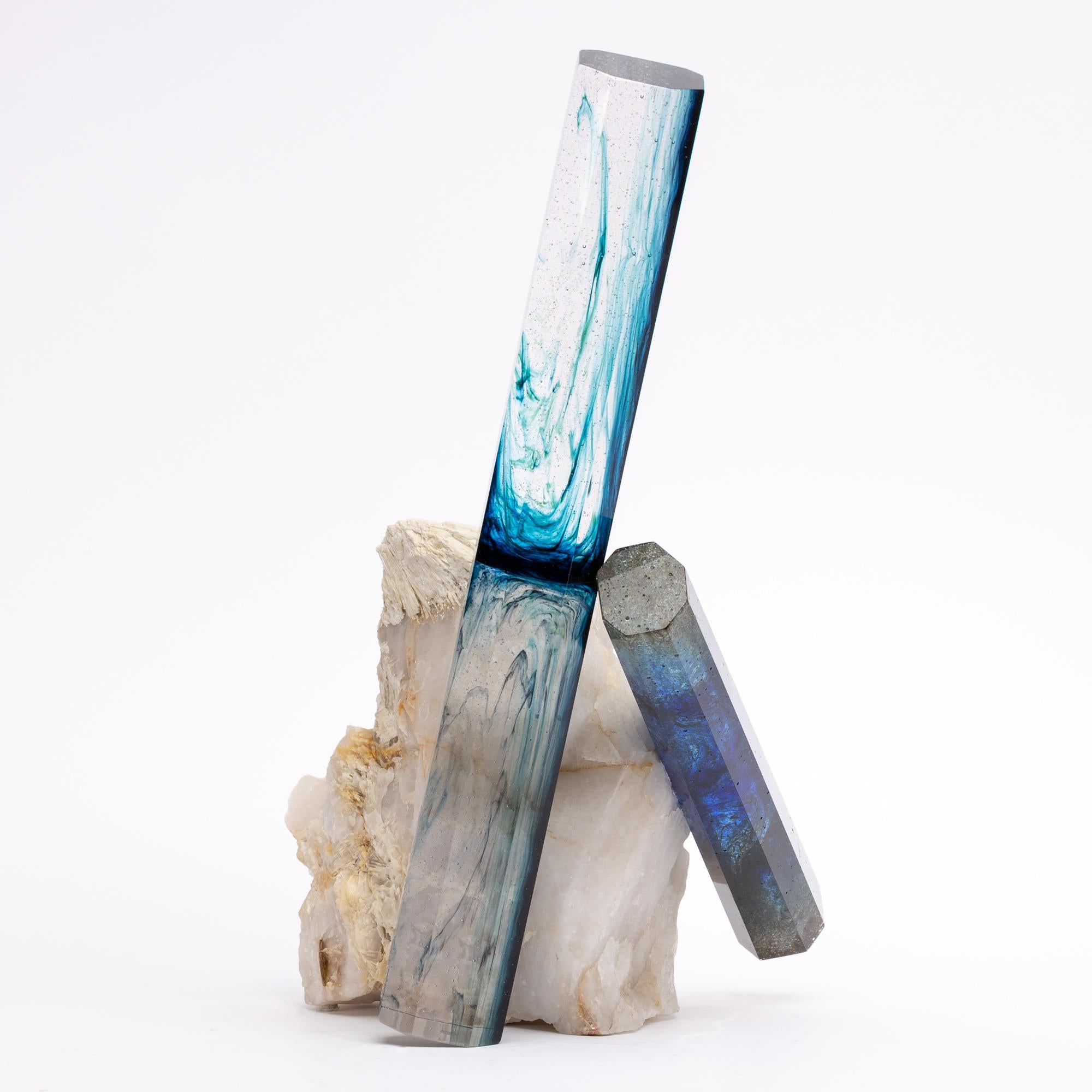 Tourmaline, Quartz and Glass Blue Shade Sculpture 4