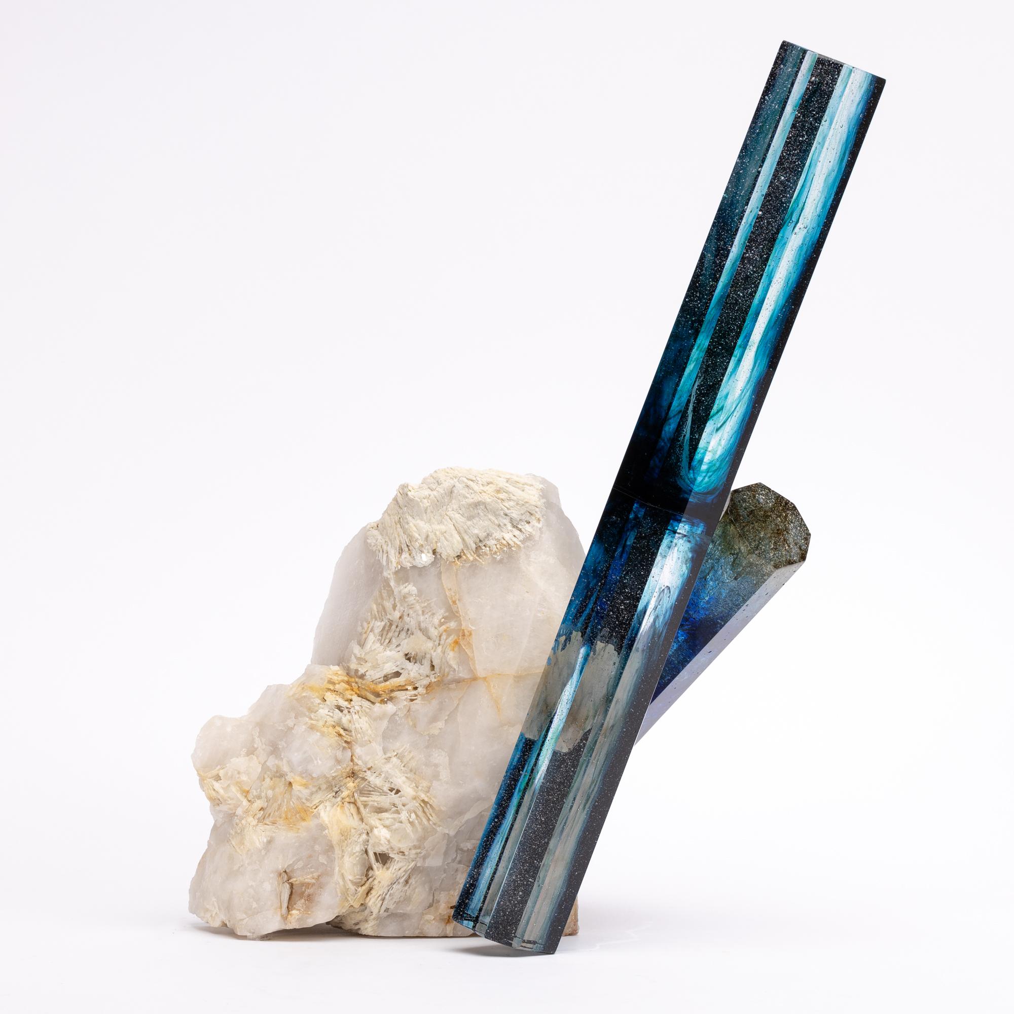 Organic Modern Tourmaline, Quartz and Glass Blue Shade Sculpture