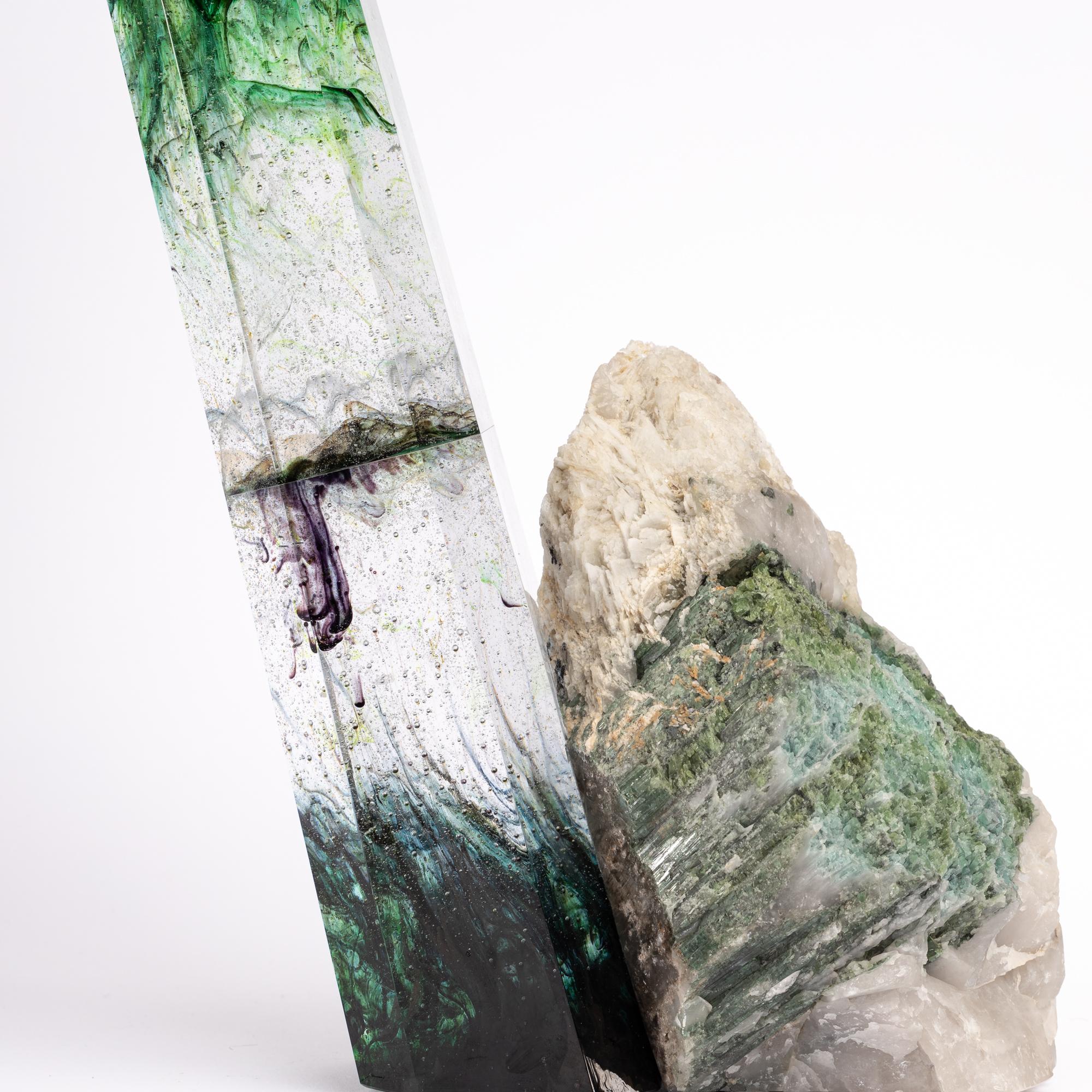 Contemporary Tourmaline, Quartz and Green shade Glass Sculpture
