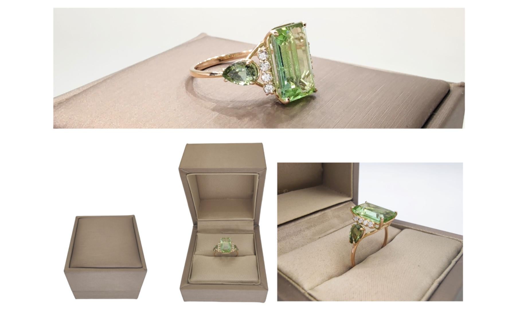 Genuine Certified Light Green Tourmaline and Diamond 14K Gold-Cocktail Rinng For Sale 5