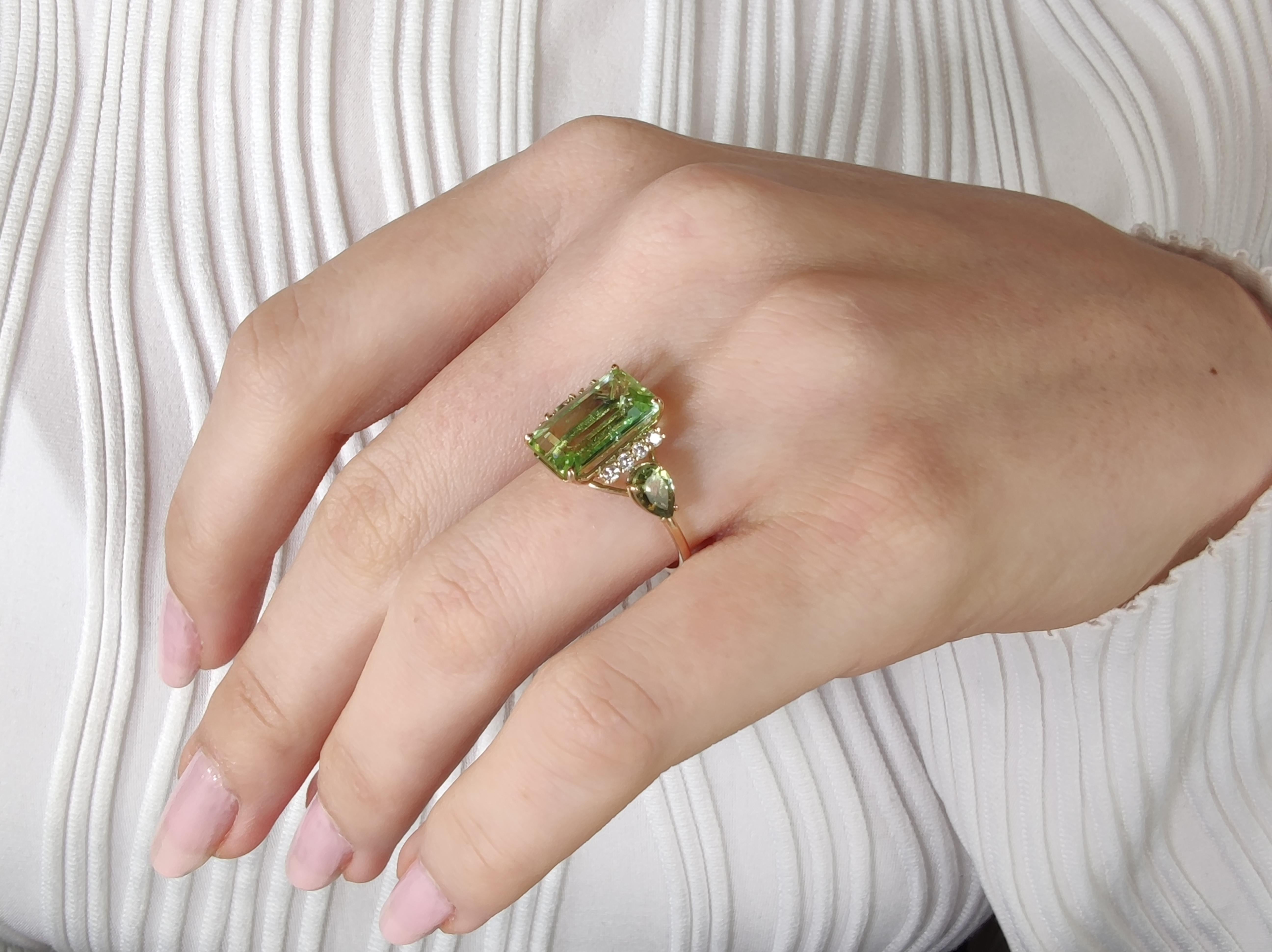 Emerald Cut Genuine Certified Light Green Tourmaline and Diamond 14K Gold-Cocktail Rinng For Sale