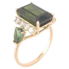 Genuine green Tourmaline Diamonds 14k Gold Ring for Women - Exquisite Gemstone 