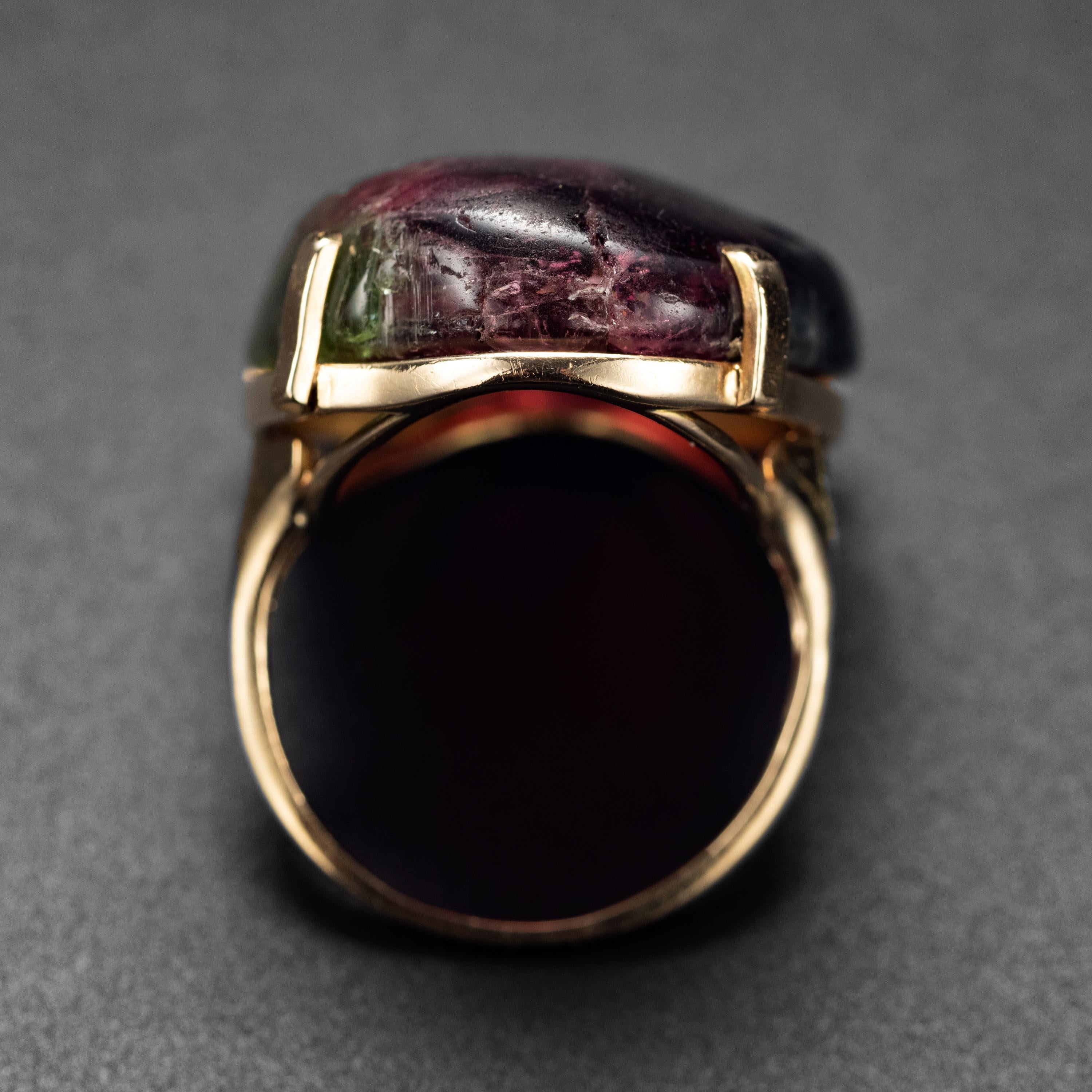 Women's or Men's Tourmaline Ring Featuring Impressive Bicolor Cabochon