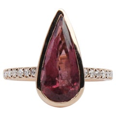 Tourmaline Ring w Earth Mined Diamonds in Solid 14K Rose Gold Pear 16x7mm