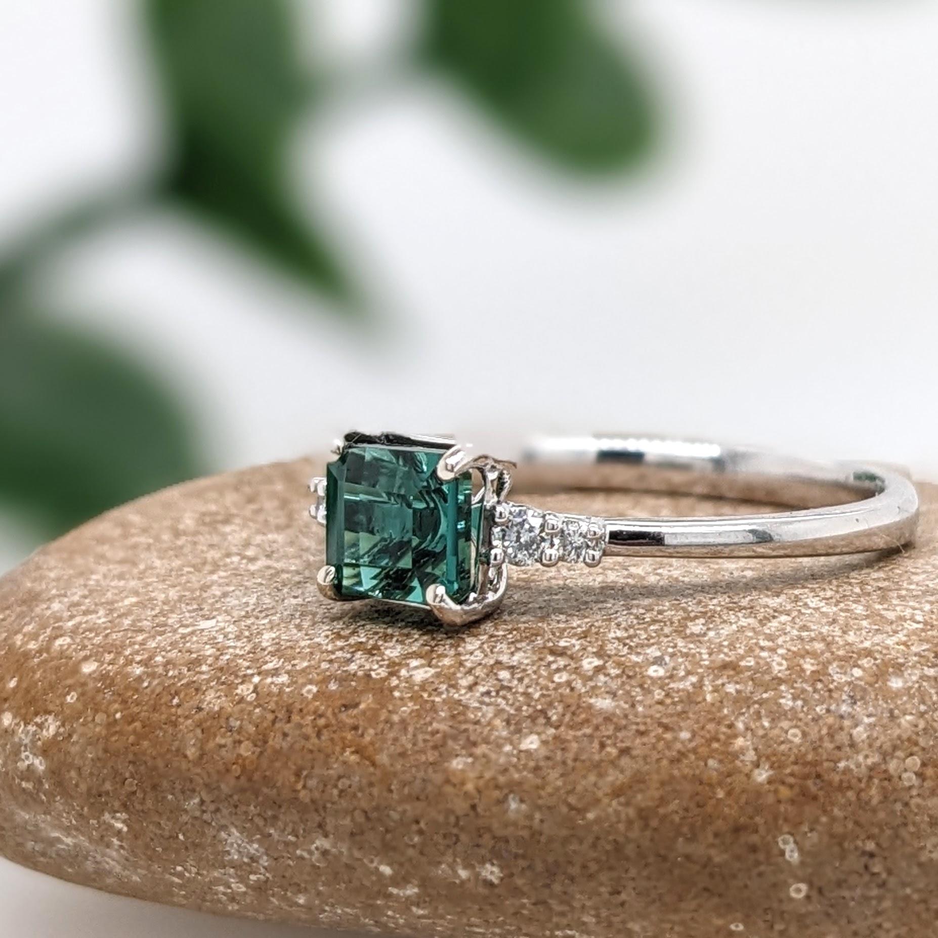 Modernist Tourmaline Ring w Natural Diamond Accents in 14K Solid White Gold Emerald 5x6m For Sale