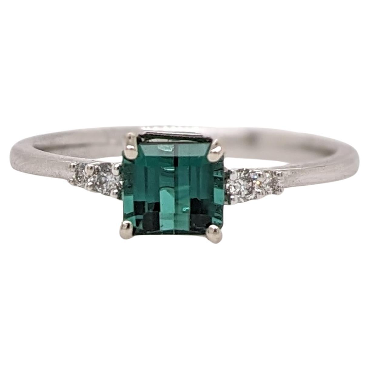 Tourmaline Ring w Natural Diamond Accents in 14K Solid White Gold Emerald 5x6m For Sale