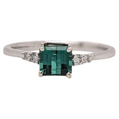 Tourmaline Ring w Natural Diamond Accents in 14K Solid White Gold Emerald 5x6m