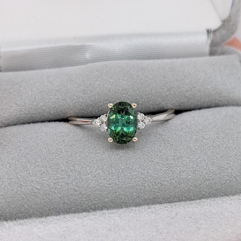 Victorian Tourmaline Ring w Round Diamond Accents in 14K Solid White Gold Oval 7x5mm