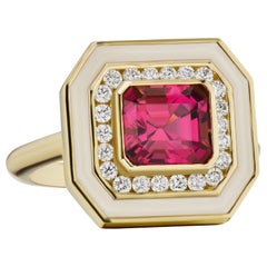 Tourmaline Ring with Diamonds in Cream Enamel Set in 18 Karat Yellow Gold