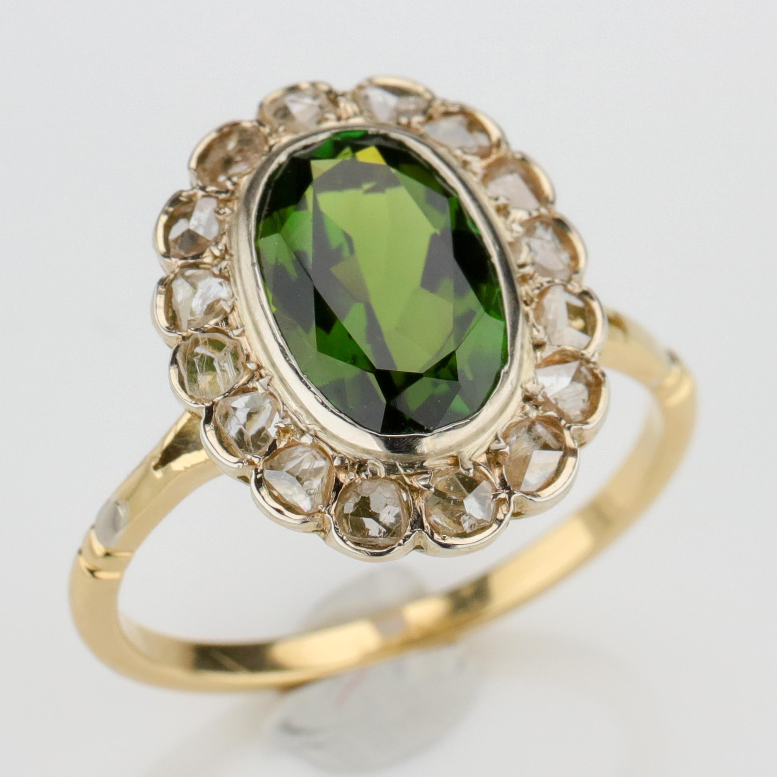 Women's or Men's Tourmaline Ring with Early Diamonds French Antique