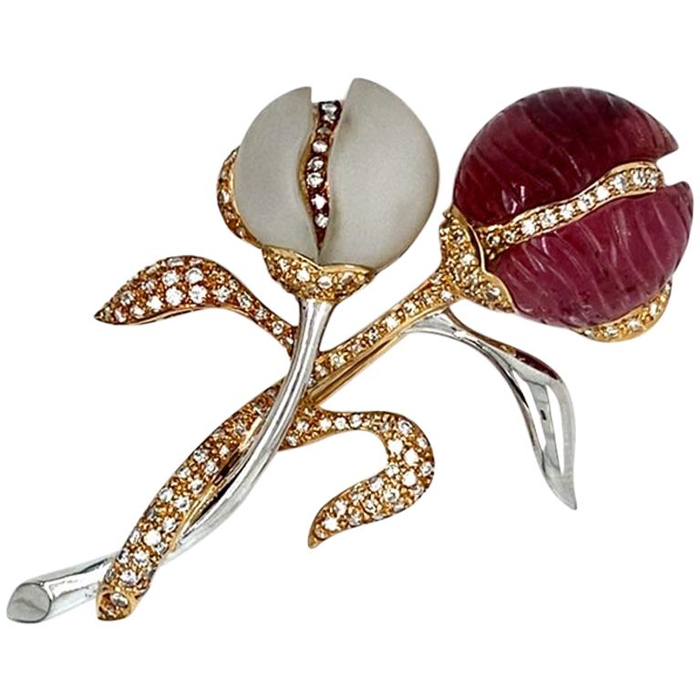 Tourmaline, Rock Crystal and Diamond Bouquet Brooch, Platinum and 18 Karat Gold For Sale