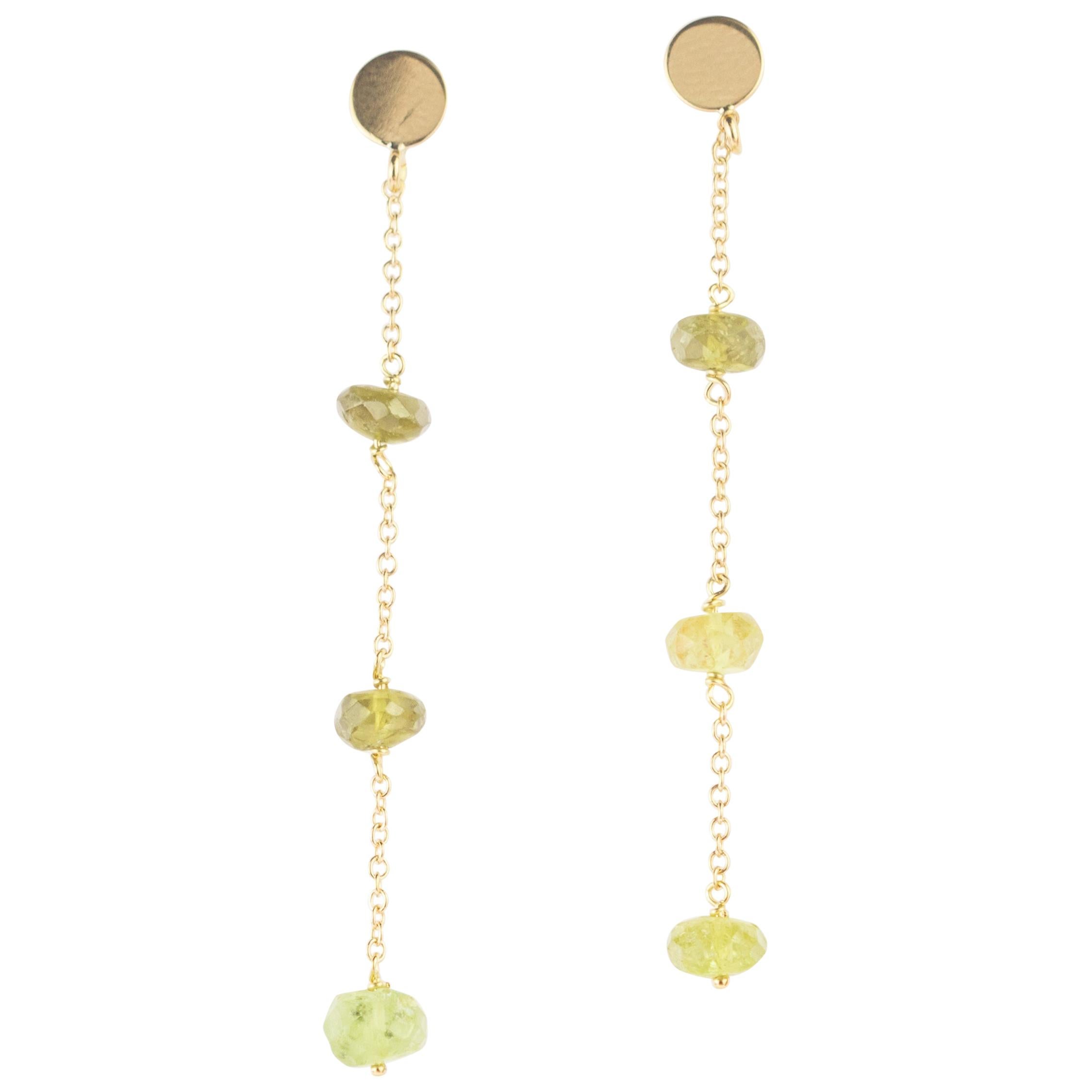 Tourmaline Rondelle 18 Karat Yellow Gold Chain Handmade Long Dangle Earrings