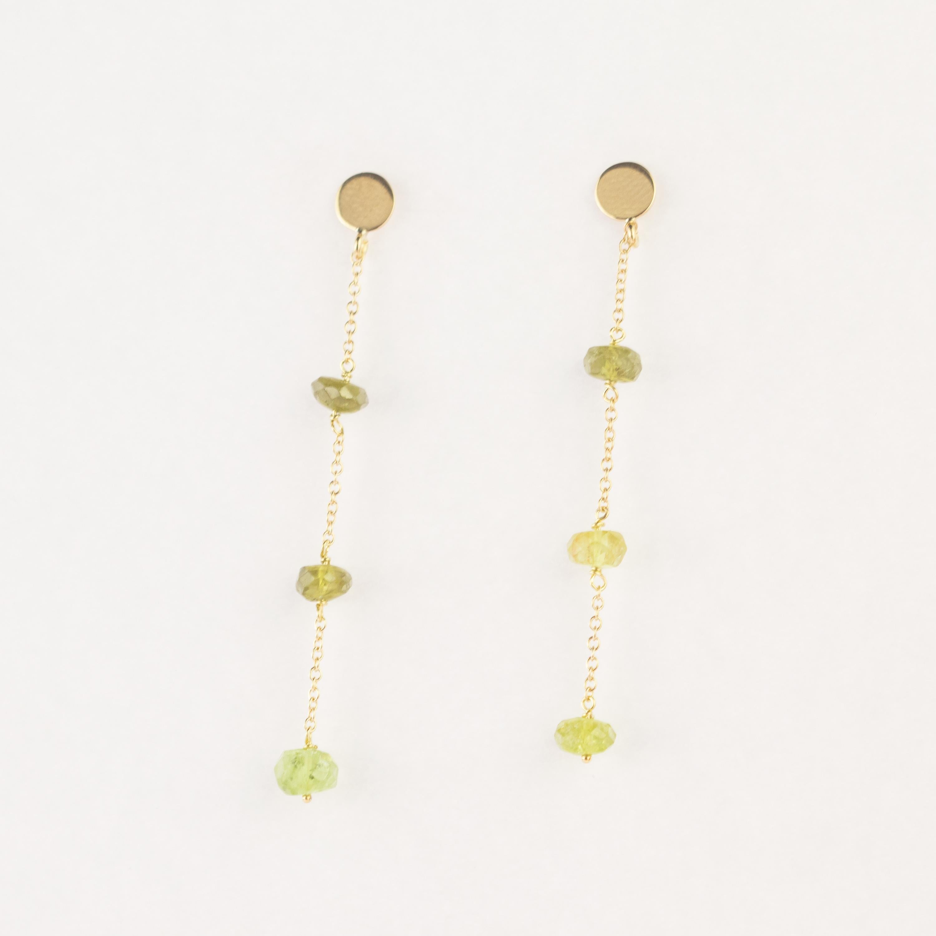 Art Nouveau Tourmaline Rondelle 9 Karat Yellow Gold Chain Handmade Long Dangle Earrings For Sale