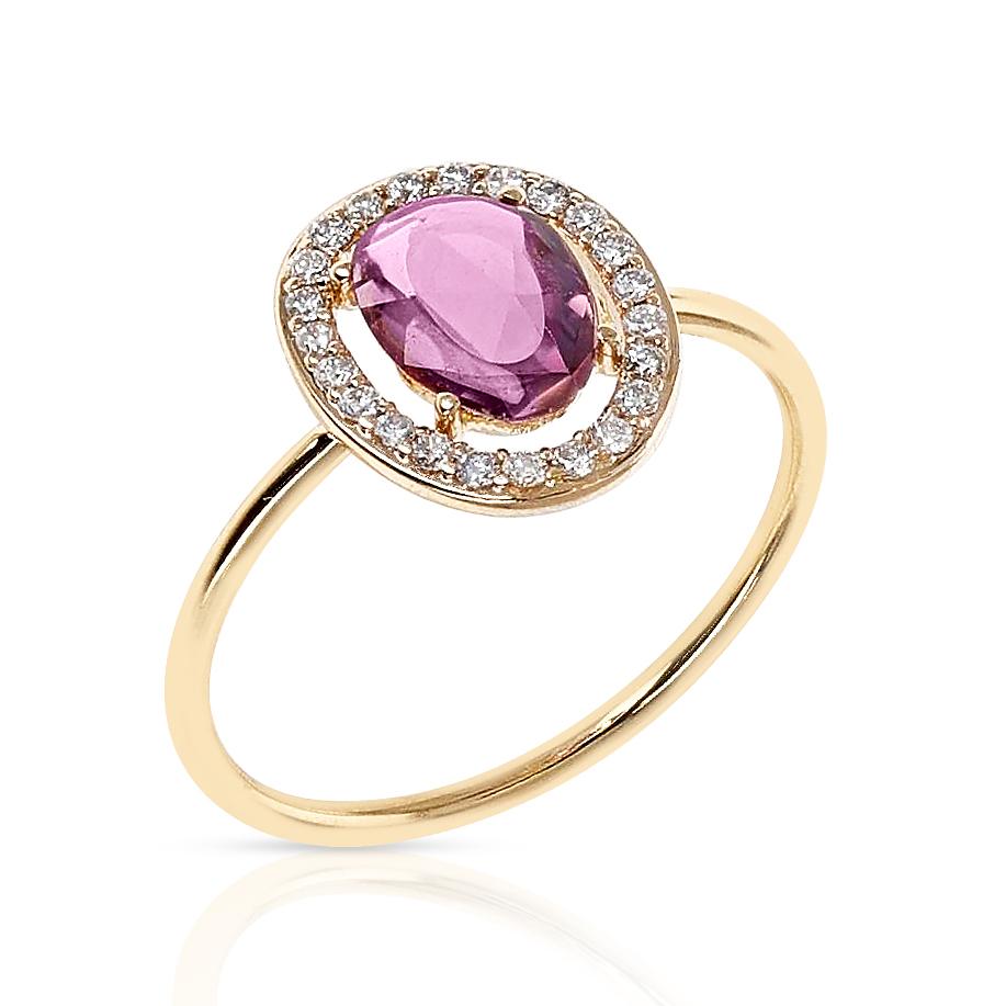 A Pink Sapphire Rose Cut Ring with Diamond Halo Setting made in 18 Karat Yellow Gold. The total weight is 1.68 grams. 