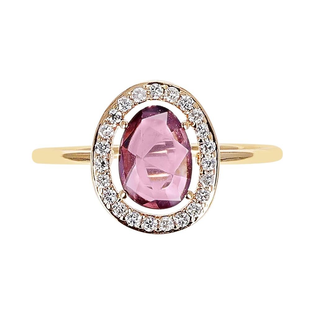 Pink Sapphire Rose Cut Ring with Diamond Halo Setting, 18k Yellow Gold