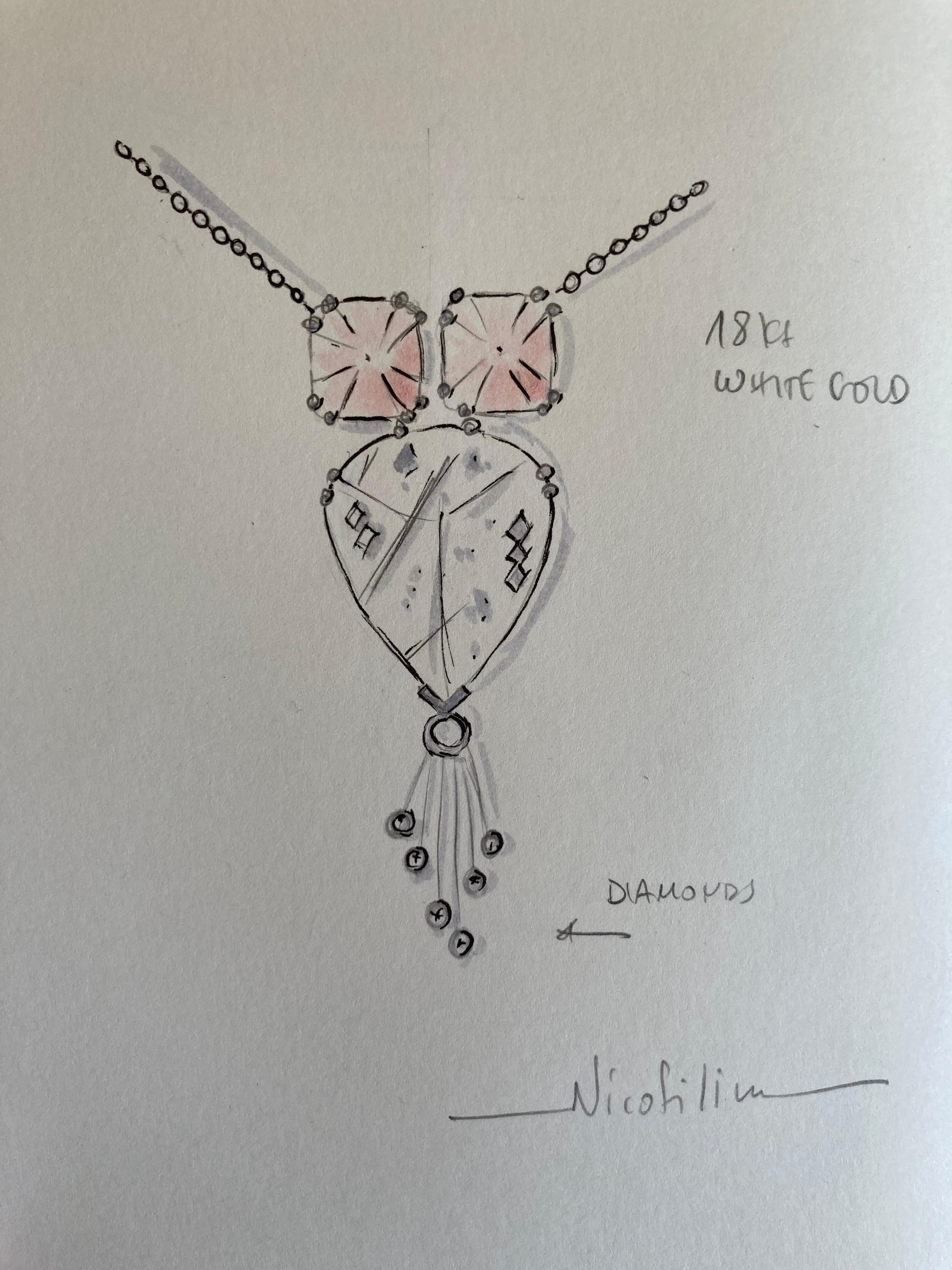 Contemporary Tourmaline Rose Quartz One of a Kind Necklace 18K White Gold Woman Design Idea For Sale