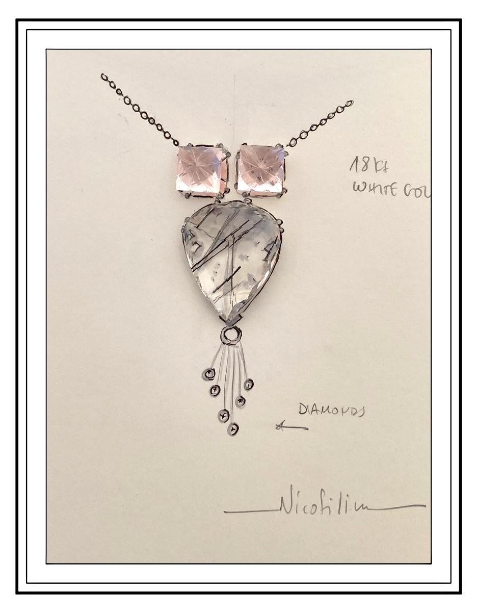 Tourmaline Rose Quartz One of a Kind Necklace 18K White Gold Woman Design Idea For Sale