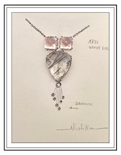 Tourmaline Rose Quartz One of a Kind Necklace 18K White Gold Woman Design Idea