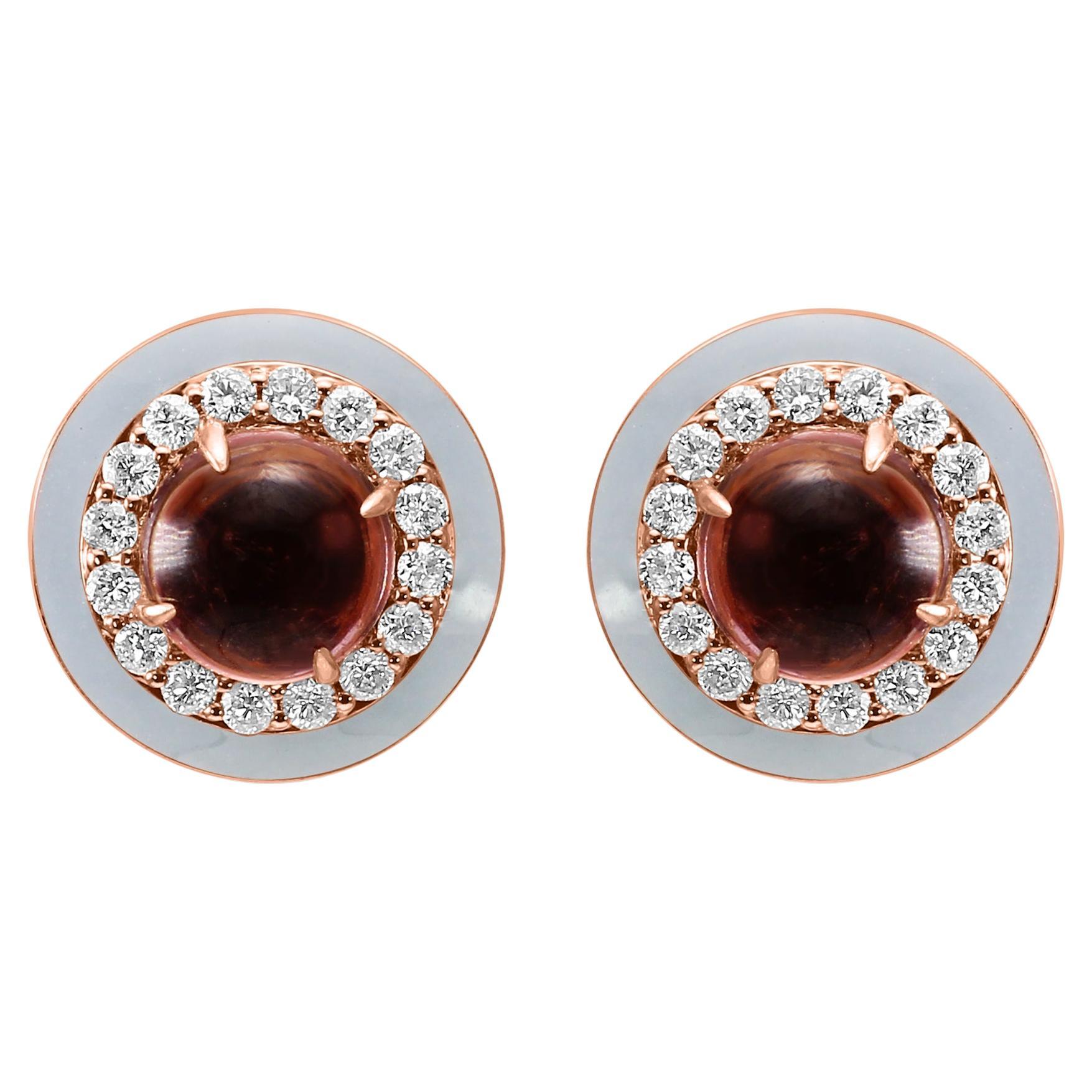 Tourmaline Round White Diamond Grey Enamel Halo 14 Karat Gold Fashion Earring