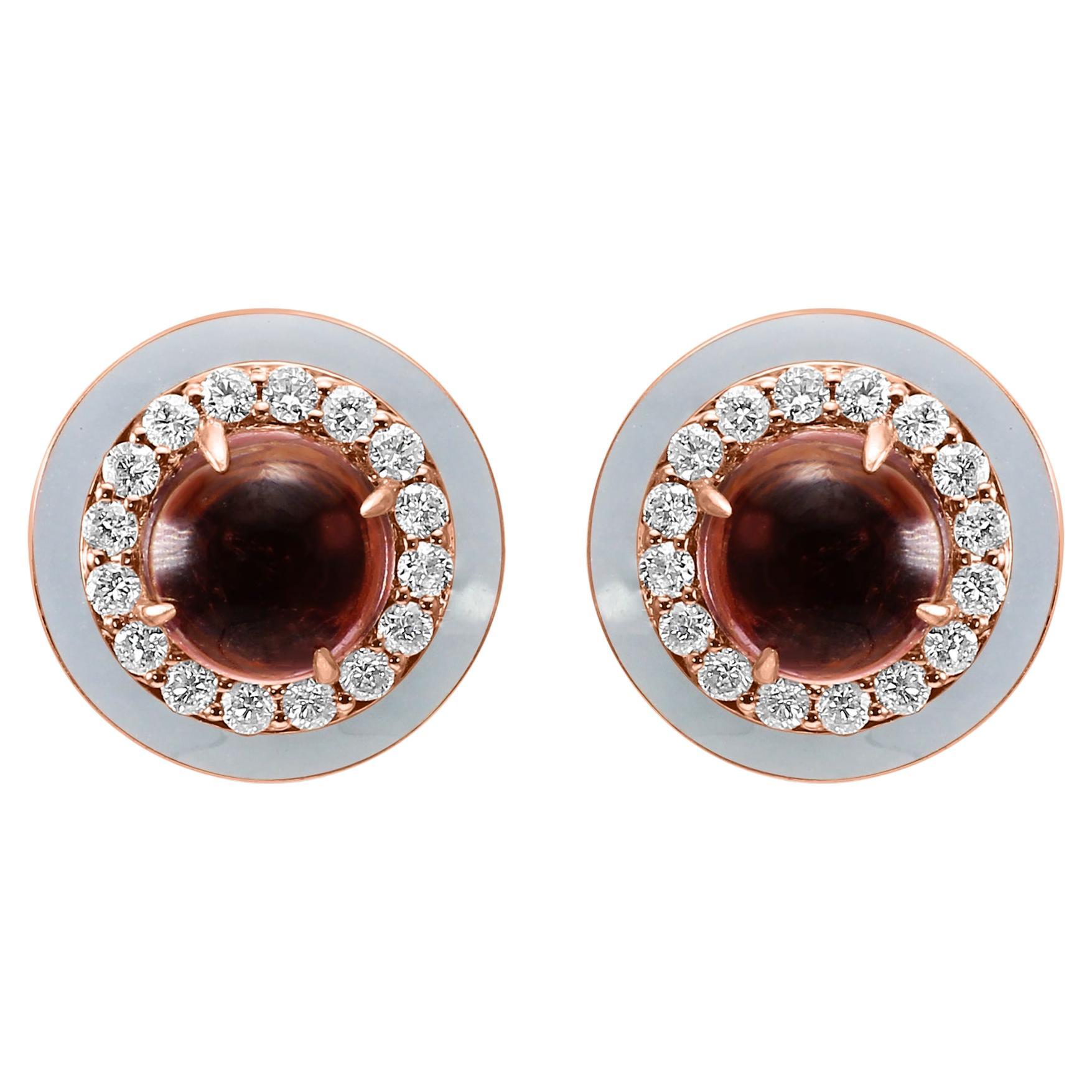 Tourmaline Round White Diamond Grey Enamel Halo 14K Rose Gold Fashion Earring 