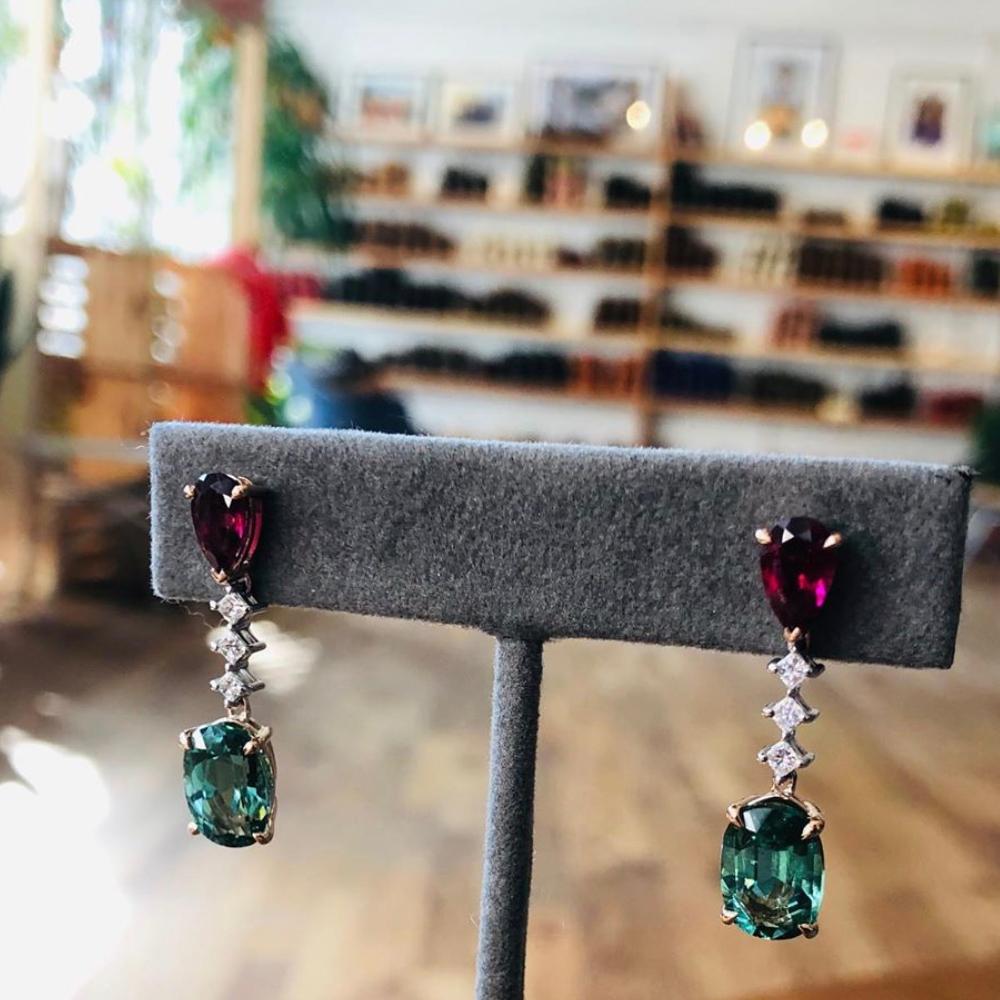 Princess Cut Tourmaline and Rubelite Ooak Drop Earrings For Sale