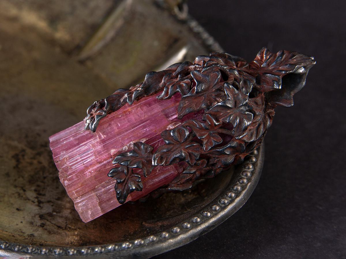 Uncut Tourmaline Rubellite Crystal Silver Ivy Pendant Natural Raw L’automne For Sale