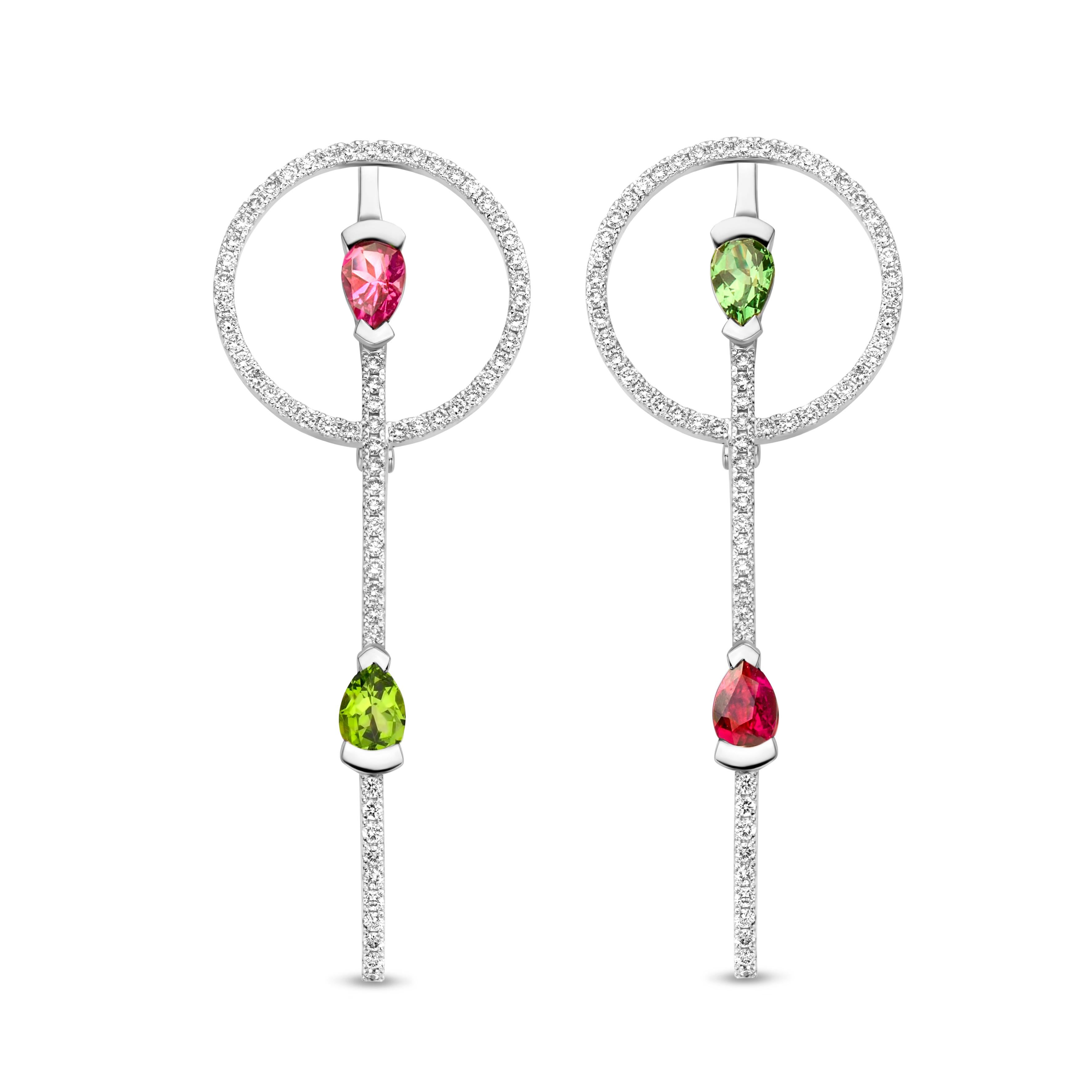 Contemporary Tourmaline Rubellite Diamond Rose Gold Round Earrings  For Sale