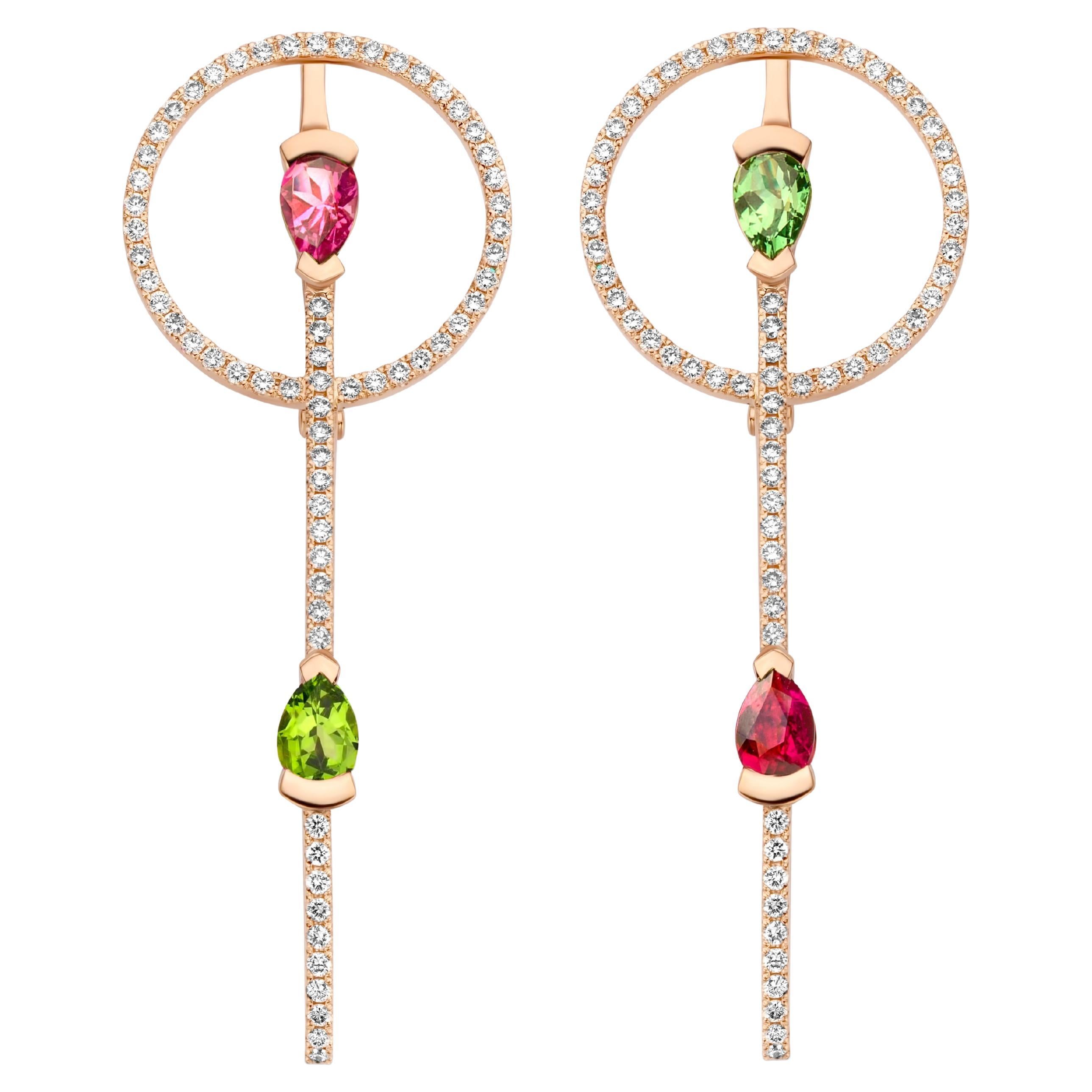 Tourmaline Rubellite Diamond Rose Gold Round Earrings  For Sale